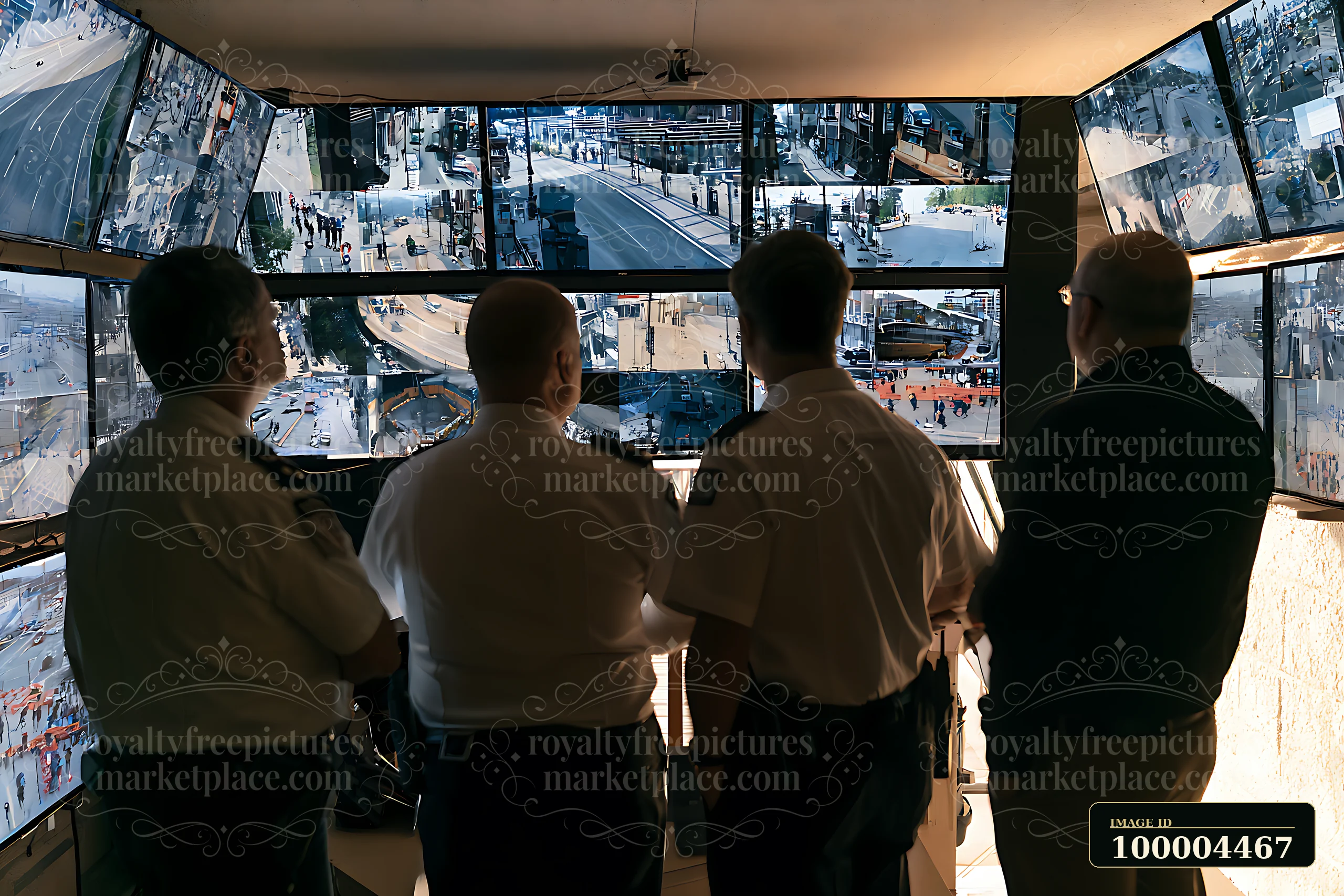 A police chief and colleagues observe several public surveillance monitors in a control room.