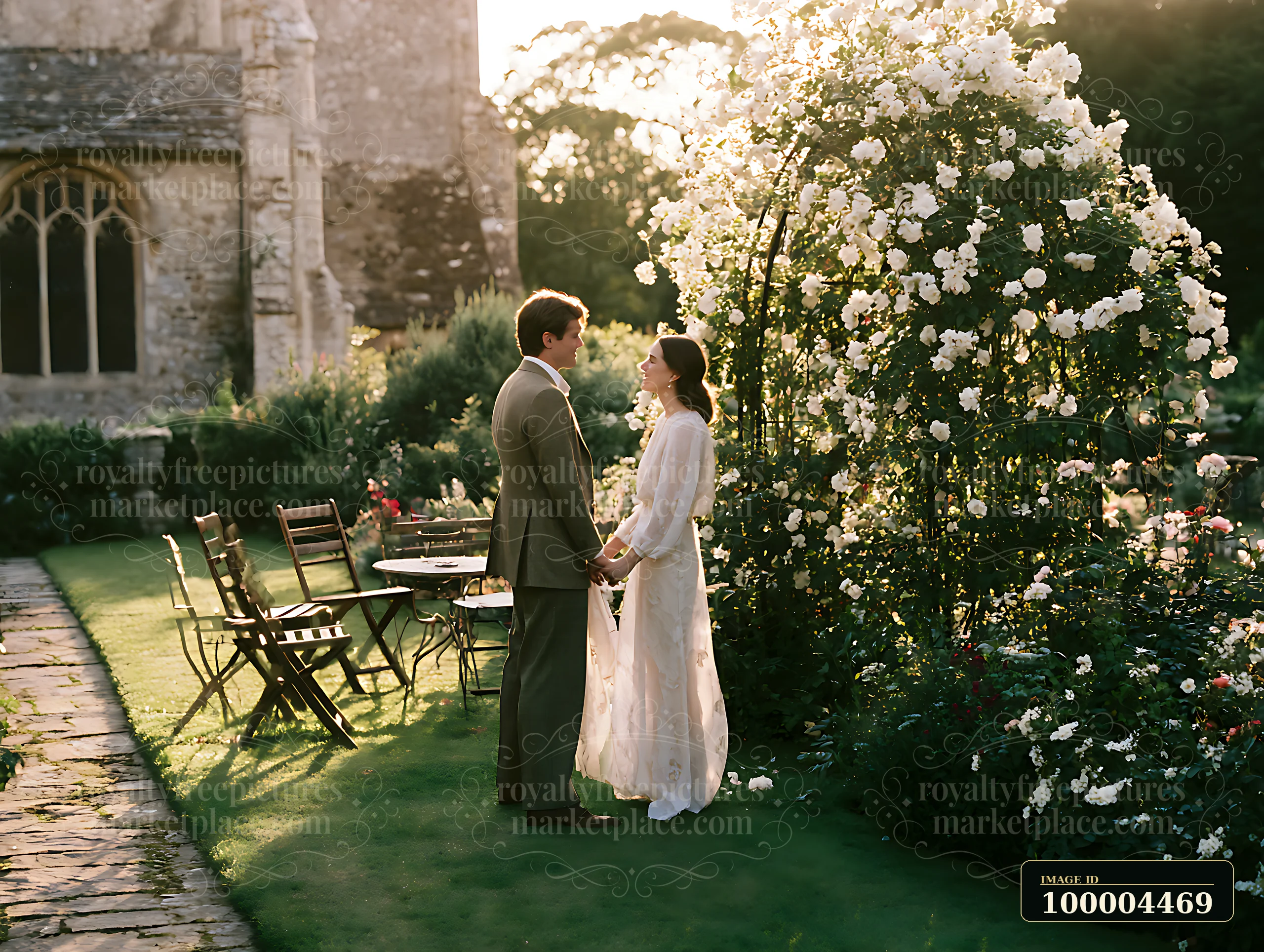 A newlywed couple is holding hands in a church garden surrounded by flowers.