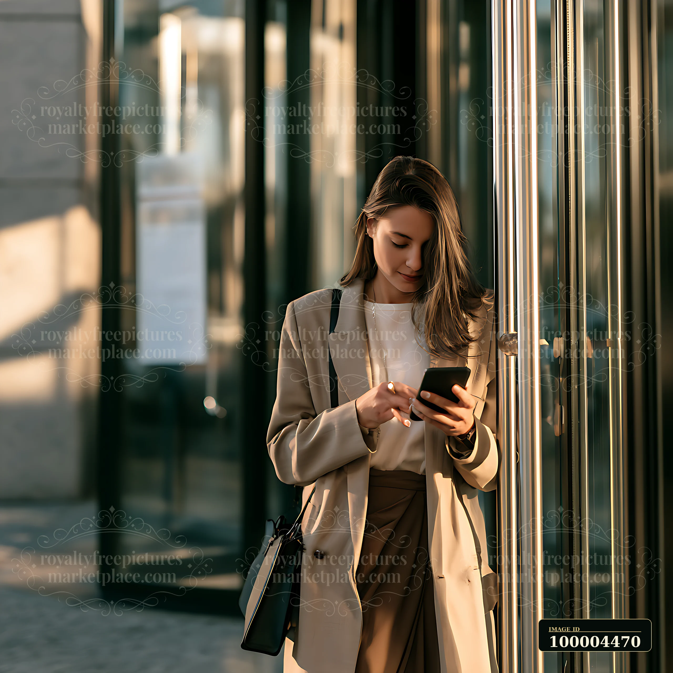 A businesswoman stands outside an office building, looking at her smartphone.