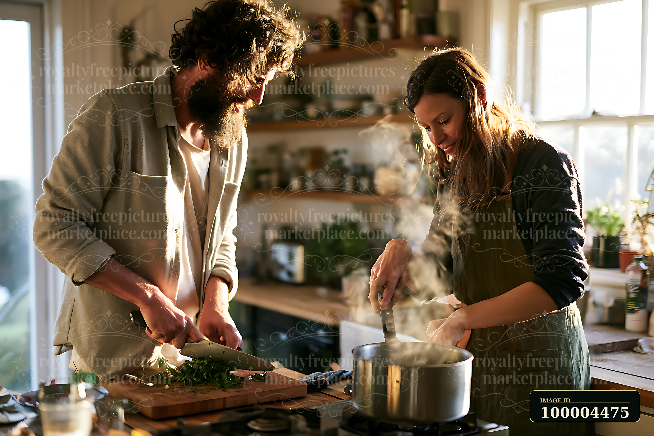 Two people prepare a holiday meal, chopping herbs and stirring a steaming pot in a bright kitchen.