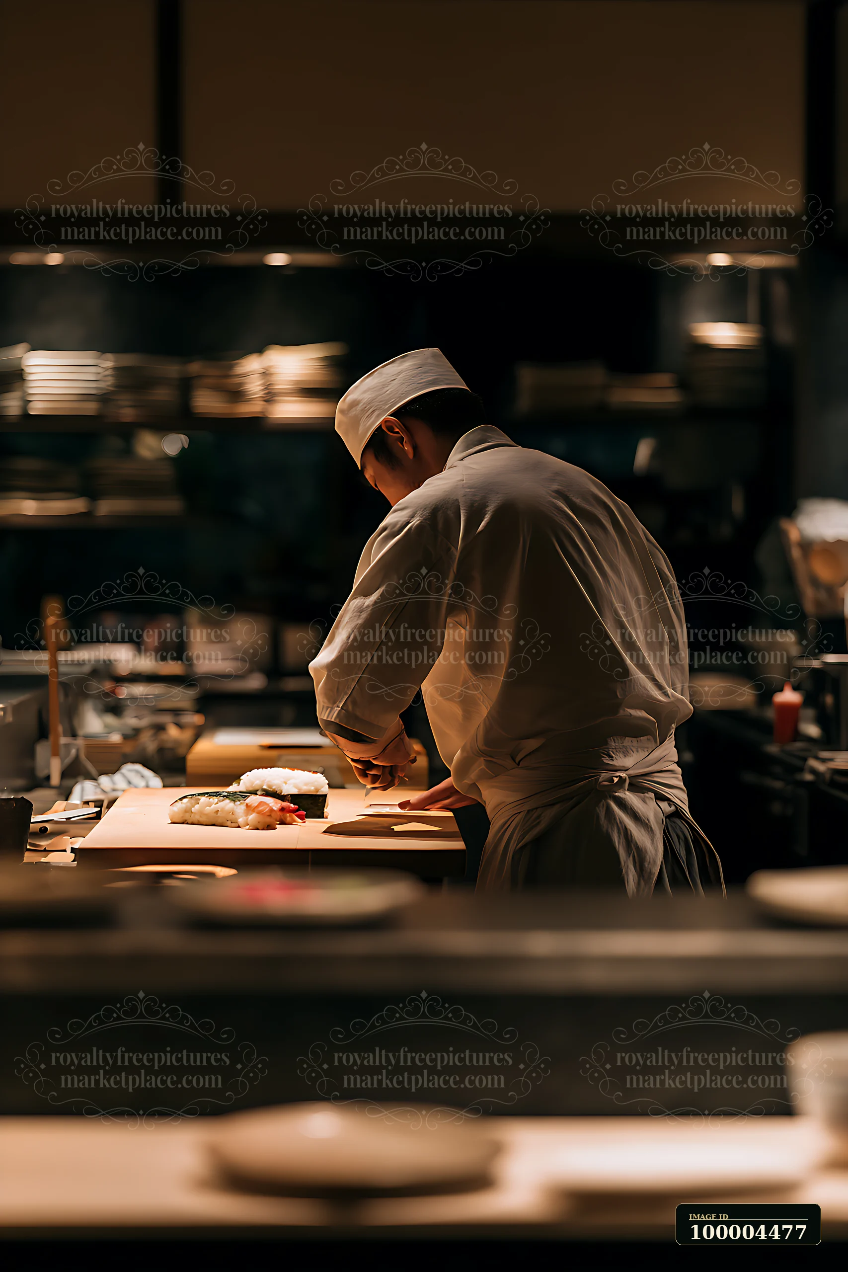 A sushi chef is focused on preparing dishes at a counter in a restaurant kitchen.