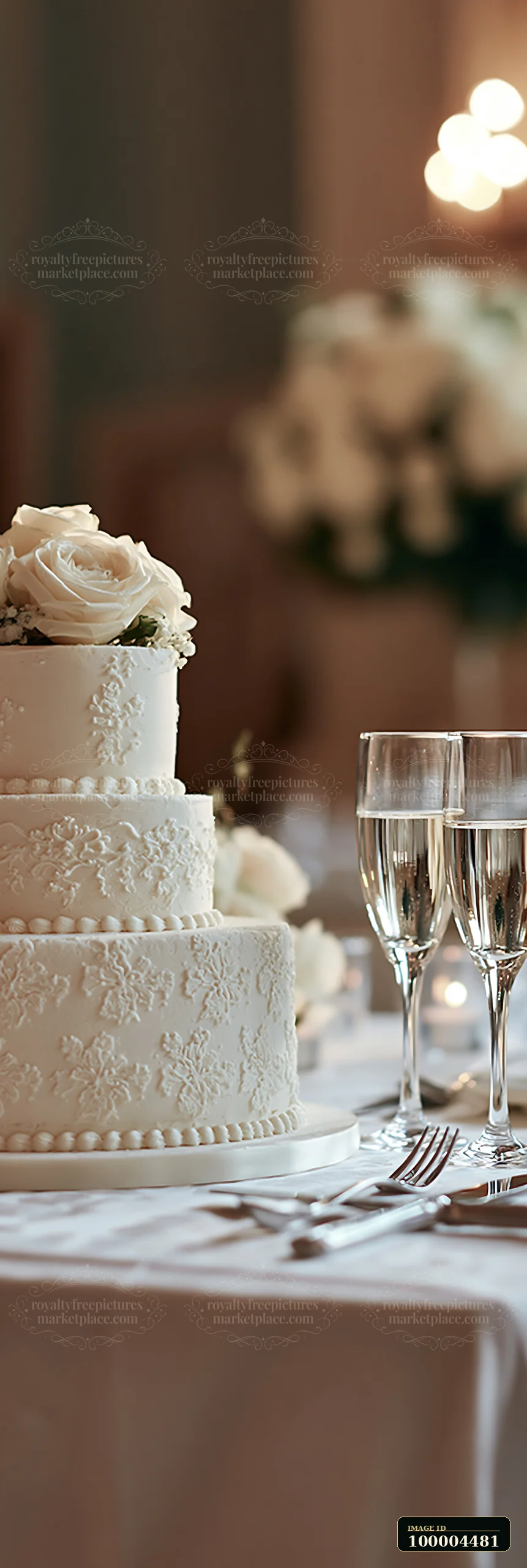 A three-tiered wedding cake with floral decor sits next to two champagne glasses on a table.