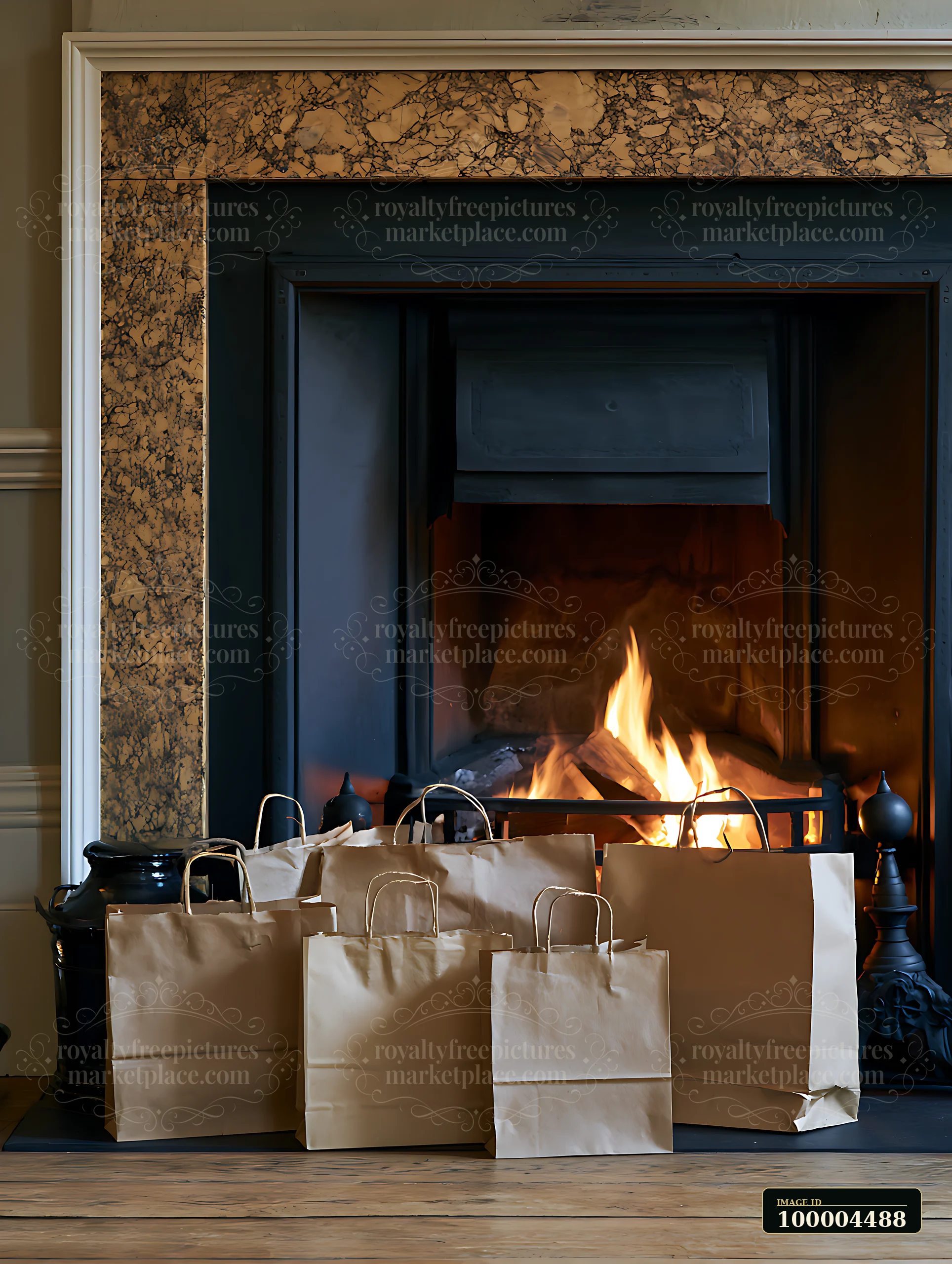 Brown shopping bags are placed beside a fireplace, showcasing warmth and festive spirit.