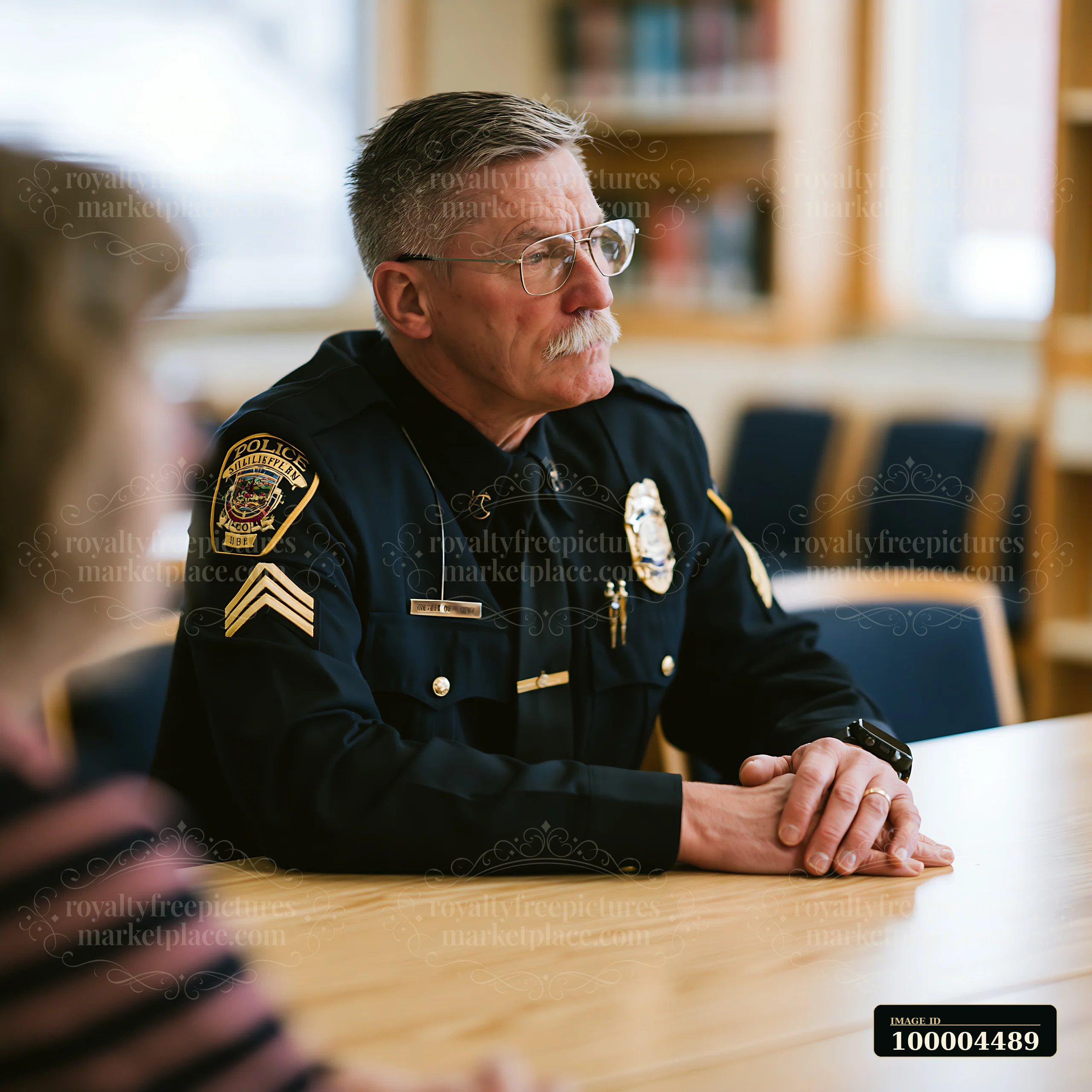 A police chief listens attentively during a community meeting in a library.
