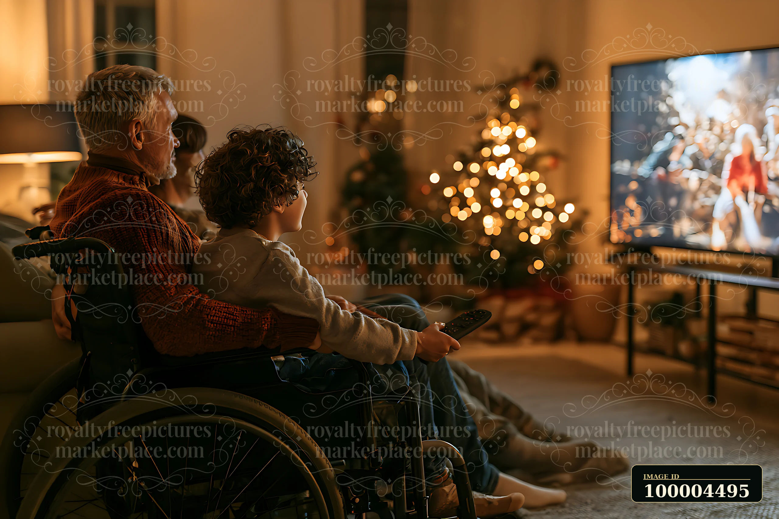 Family sits together watching television in a warm living room beside a decorated Christmas tree.