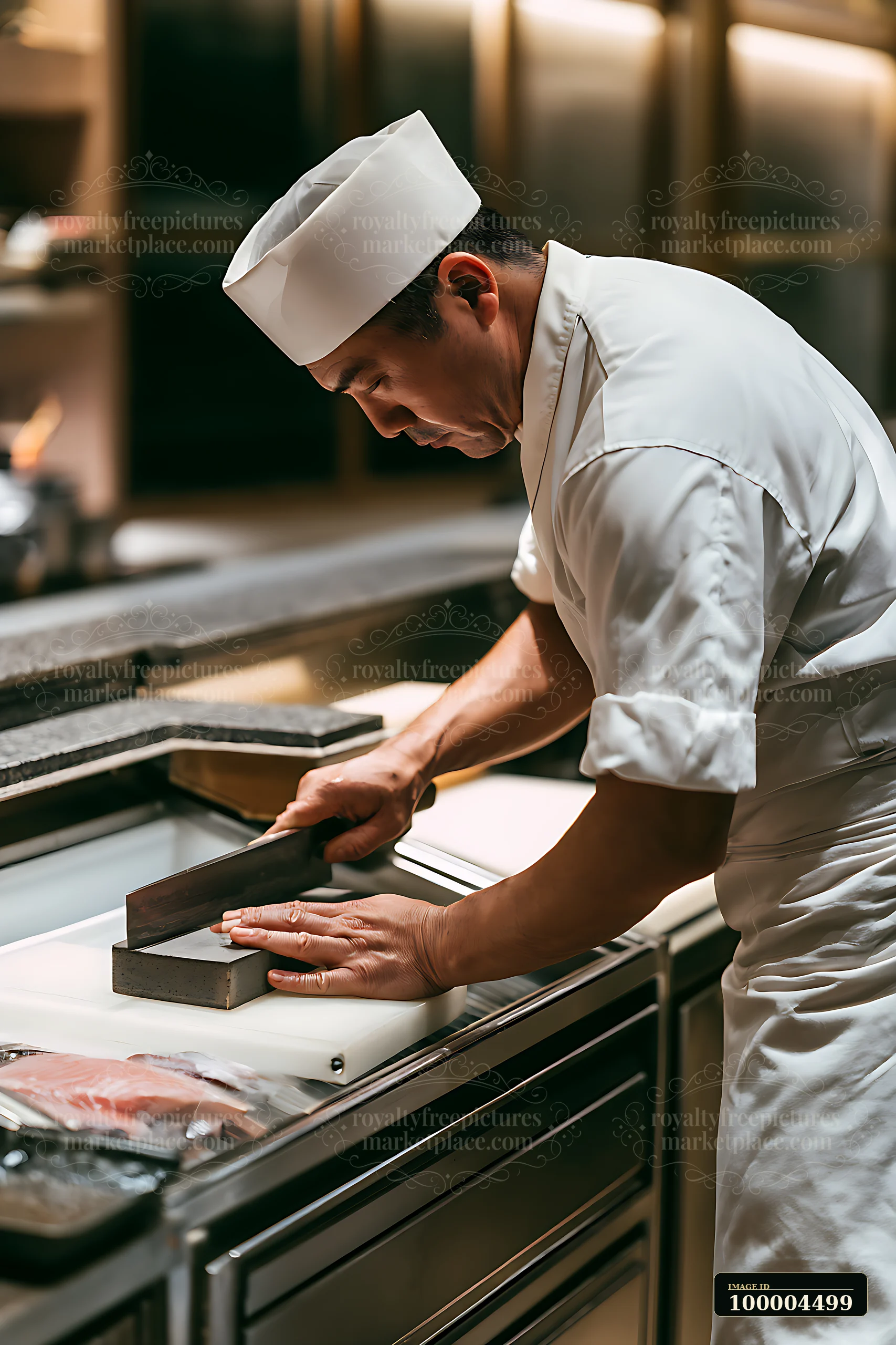 Sushi chef in white uniform sharpening a knife on a whetstone at a professional kitchen workstation.