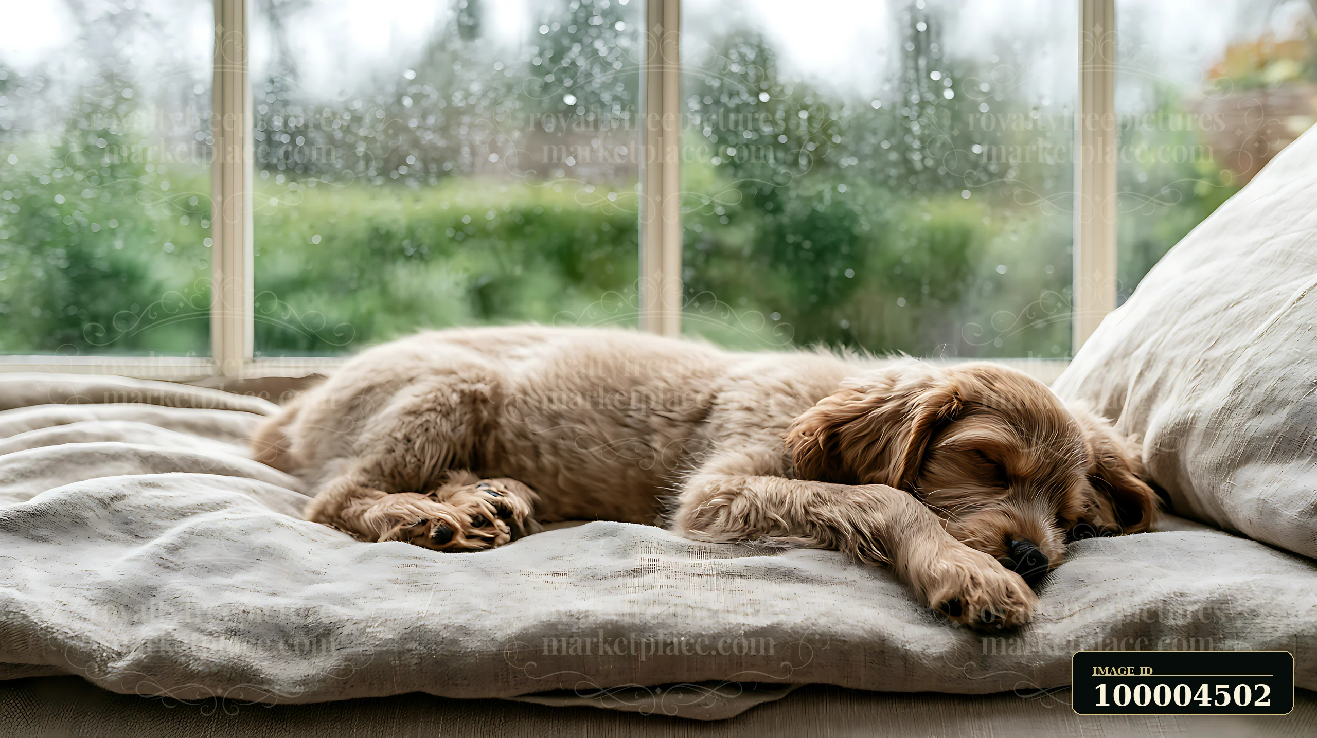 A puppy is sleeping on a soft linen blanket by a window with rain droplets.