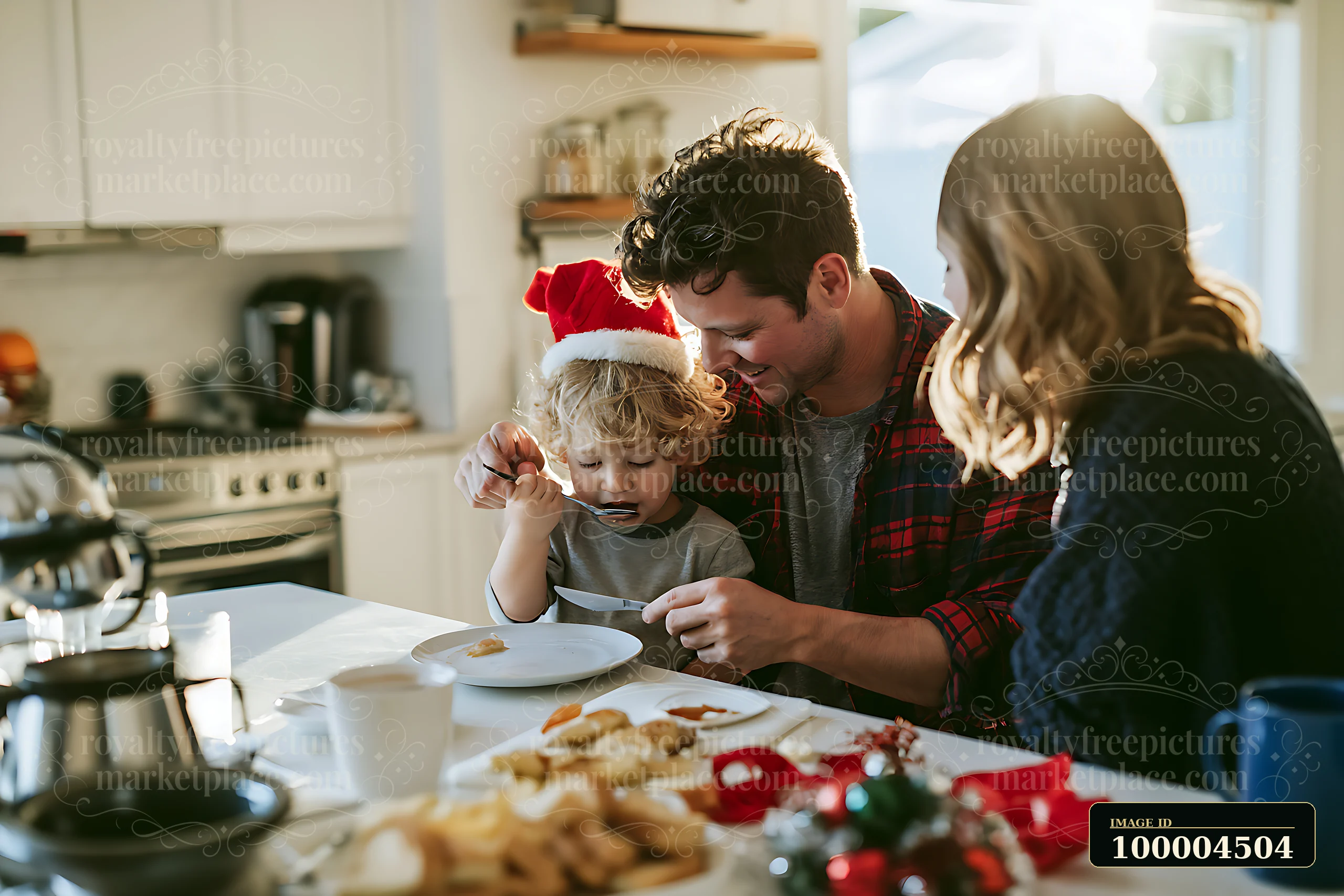 Family shares Christmas breakfast at a sunlit kitchen table while an adult helps a child eat.