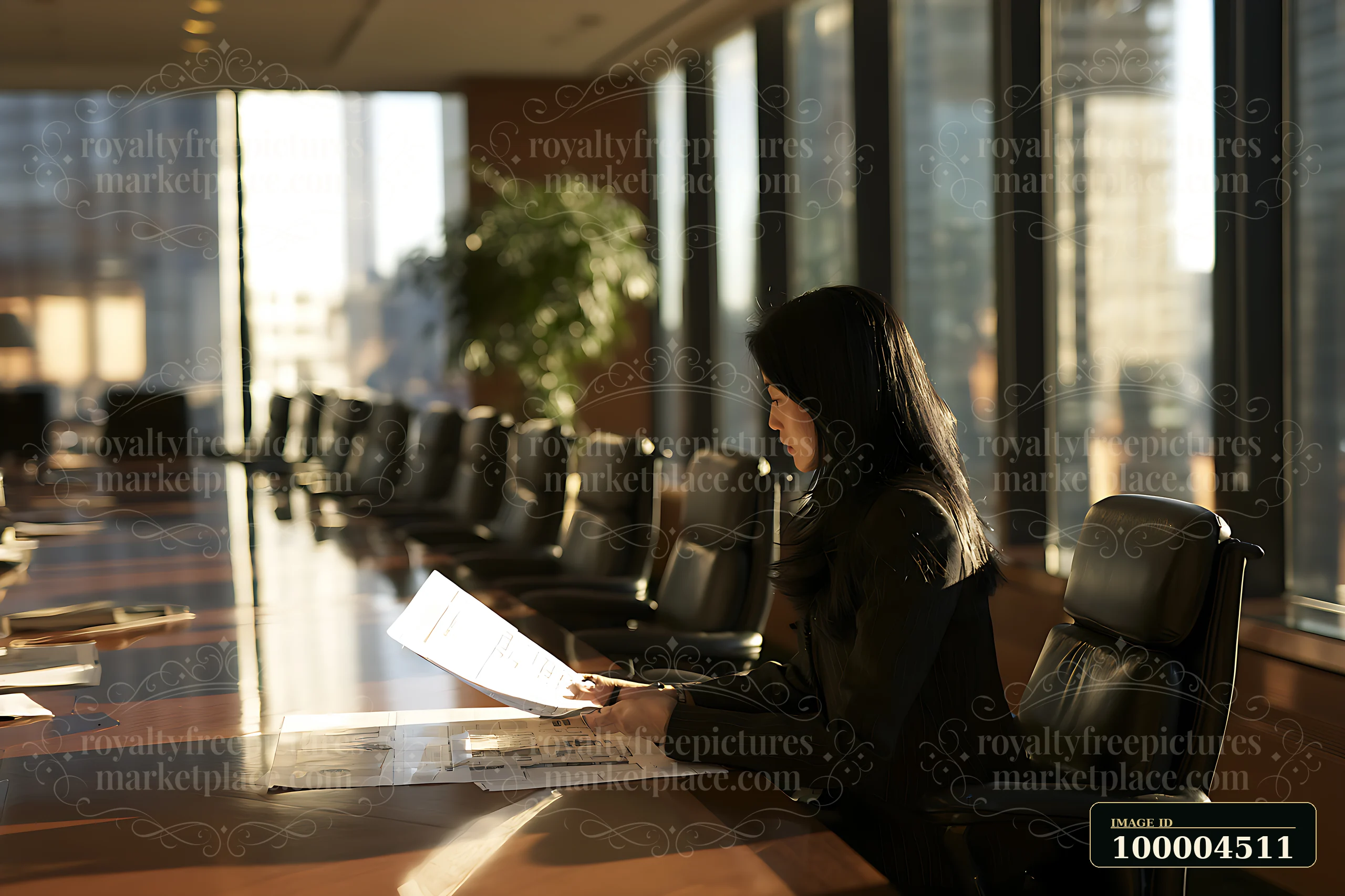 Businesswoman reviews documents at a conference table in a sunlit office meeting room.