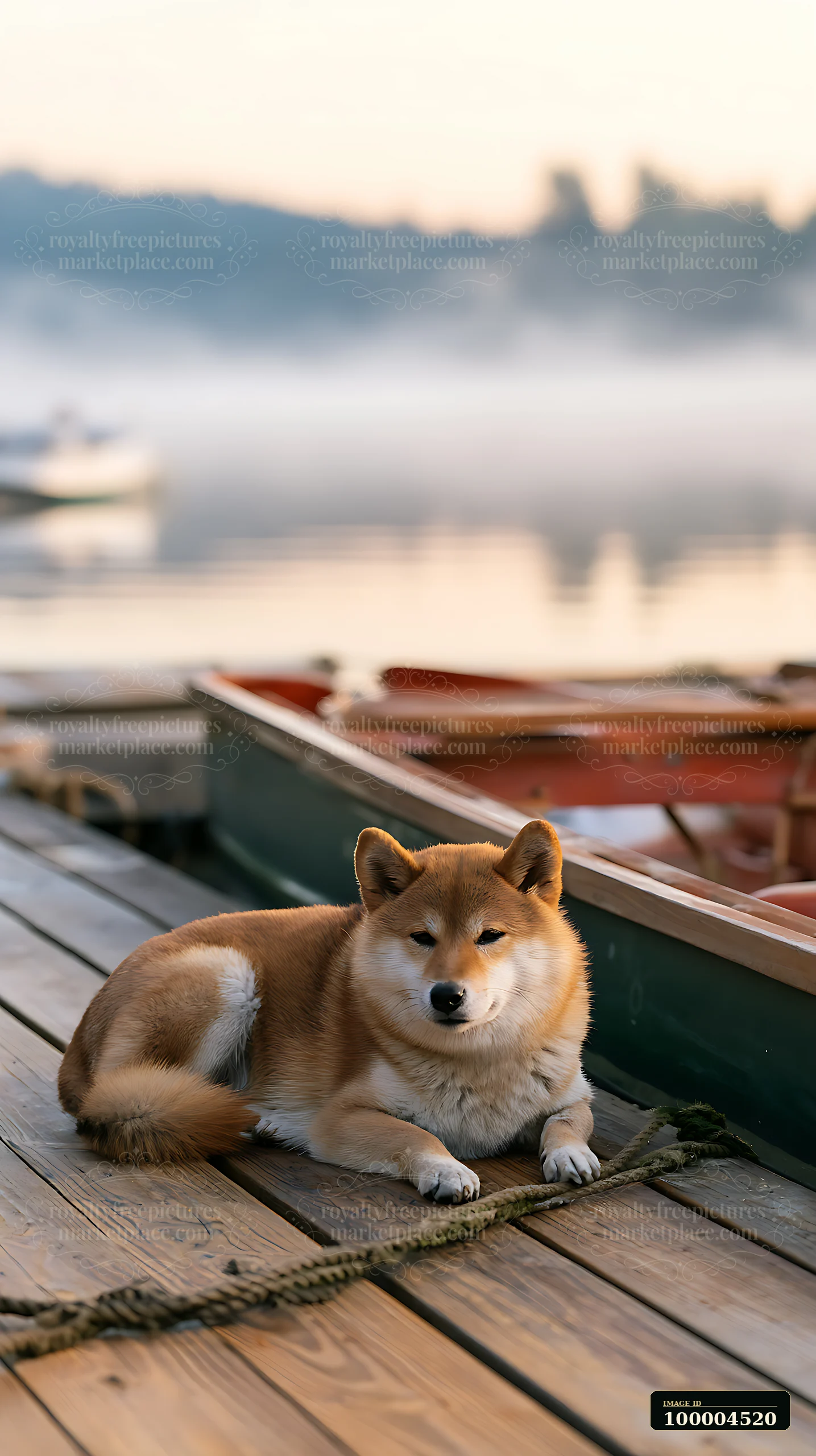 A shiba inu rests on a wooden dock near a paddle boat beside a calm lake during early morning hours.
