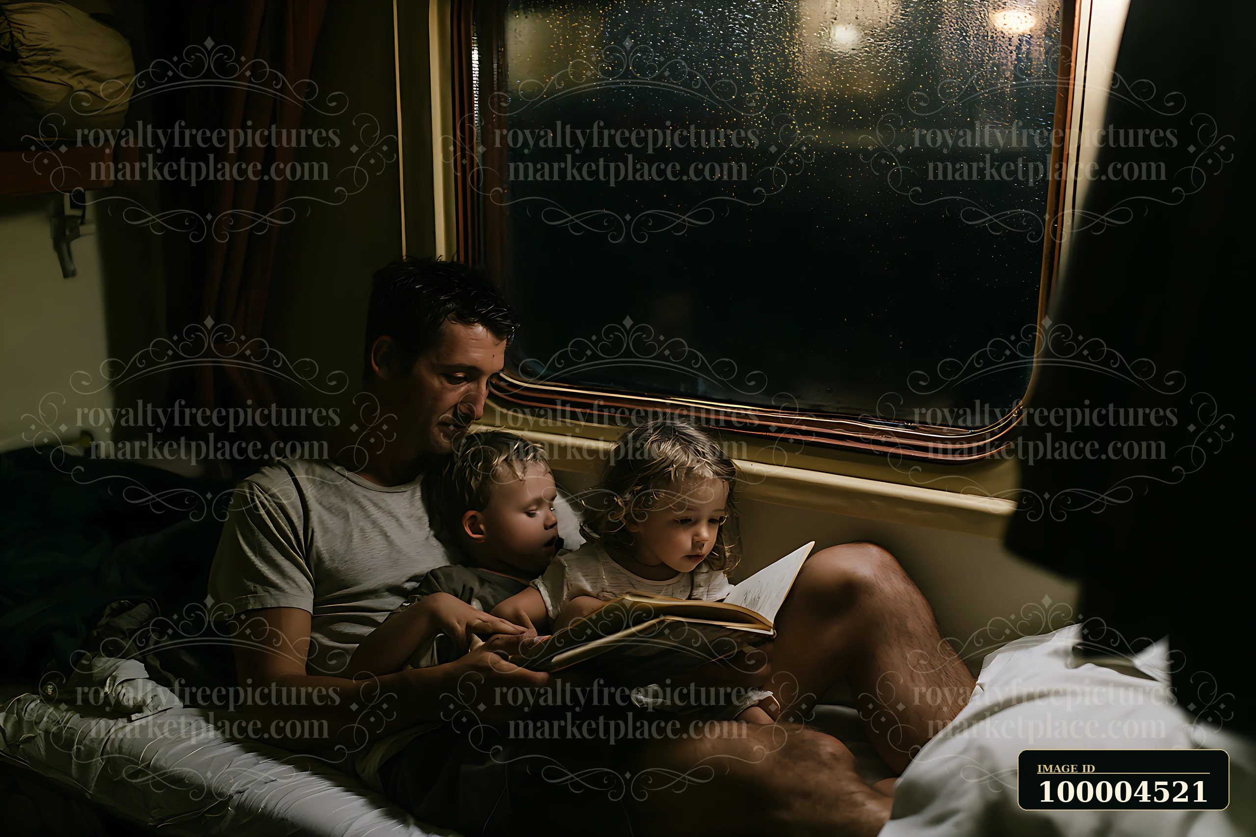 Father reads a bedtime story to two children on a bed beside a dark rainy window.
