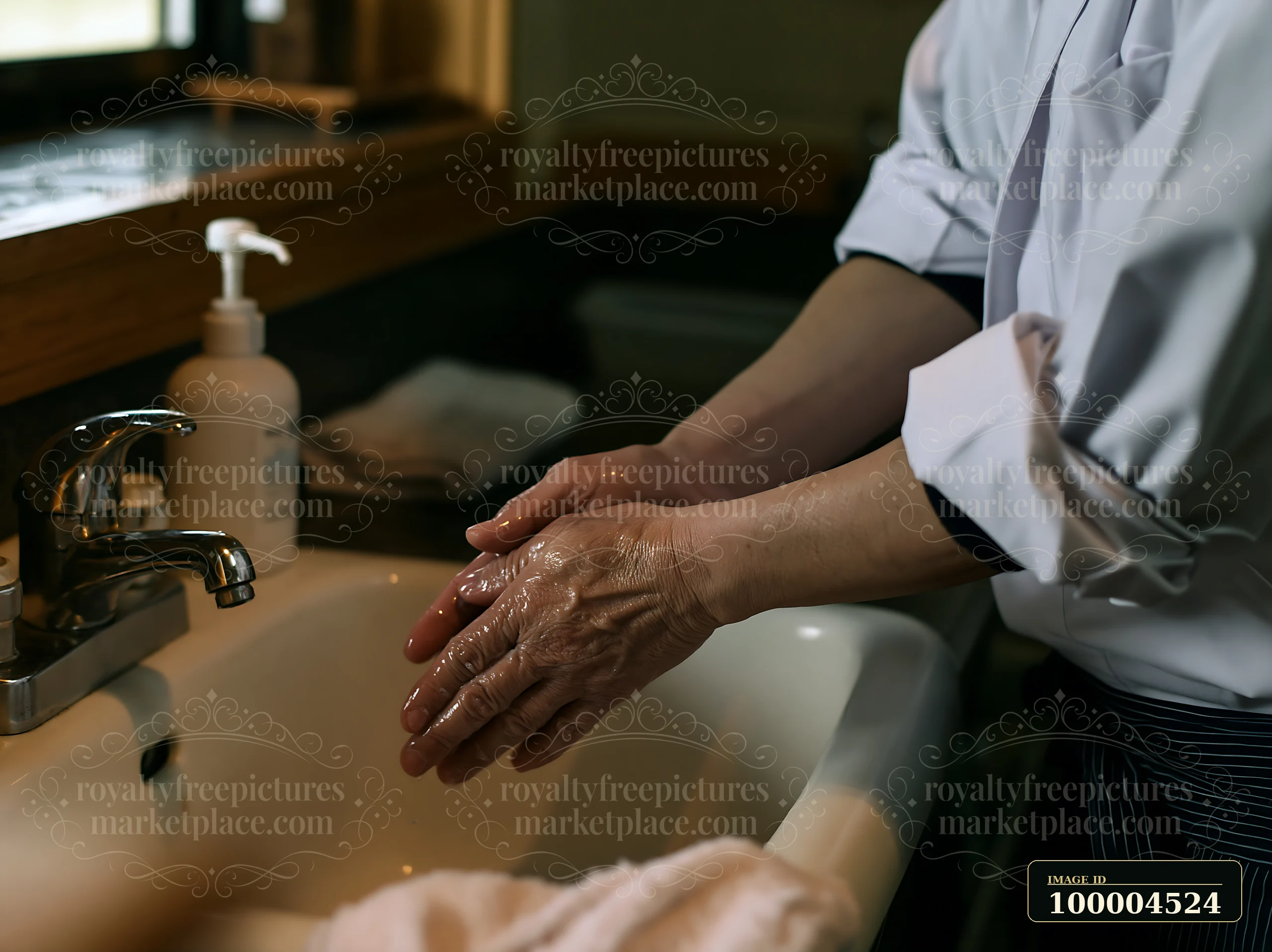 Sushi chef washes hands at a restaurant sink beside a soap dispenser before food preparation.