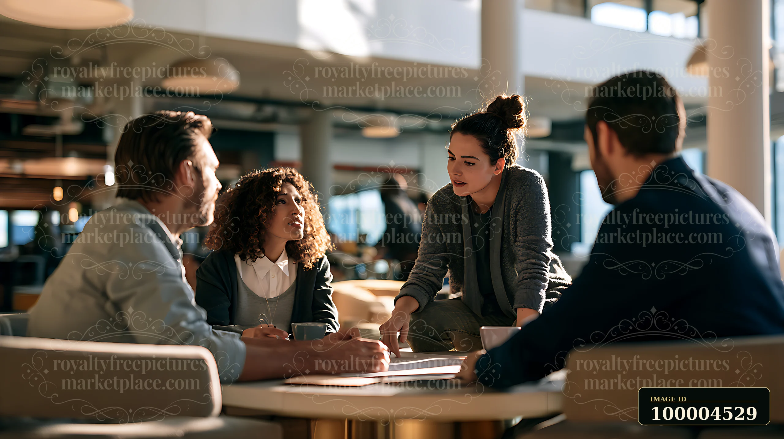 A businesswoman is leading a discussion with three colleagues in a shared coworking space.