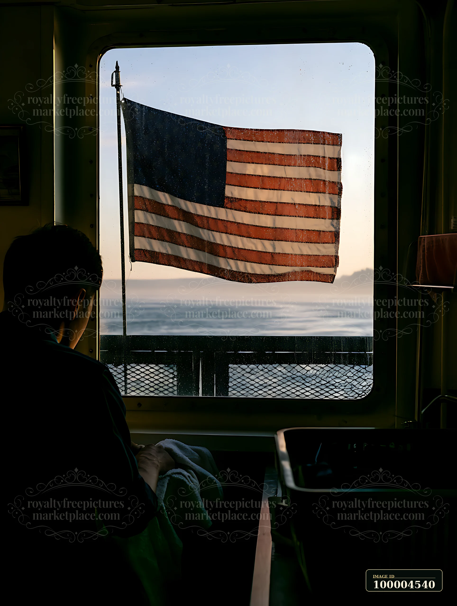 Weathered American flag seen through a vehicle window, with ocean water beyond and a silhouetted passenger inside.