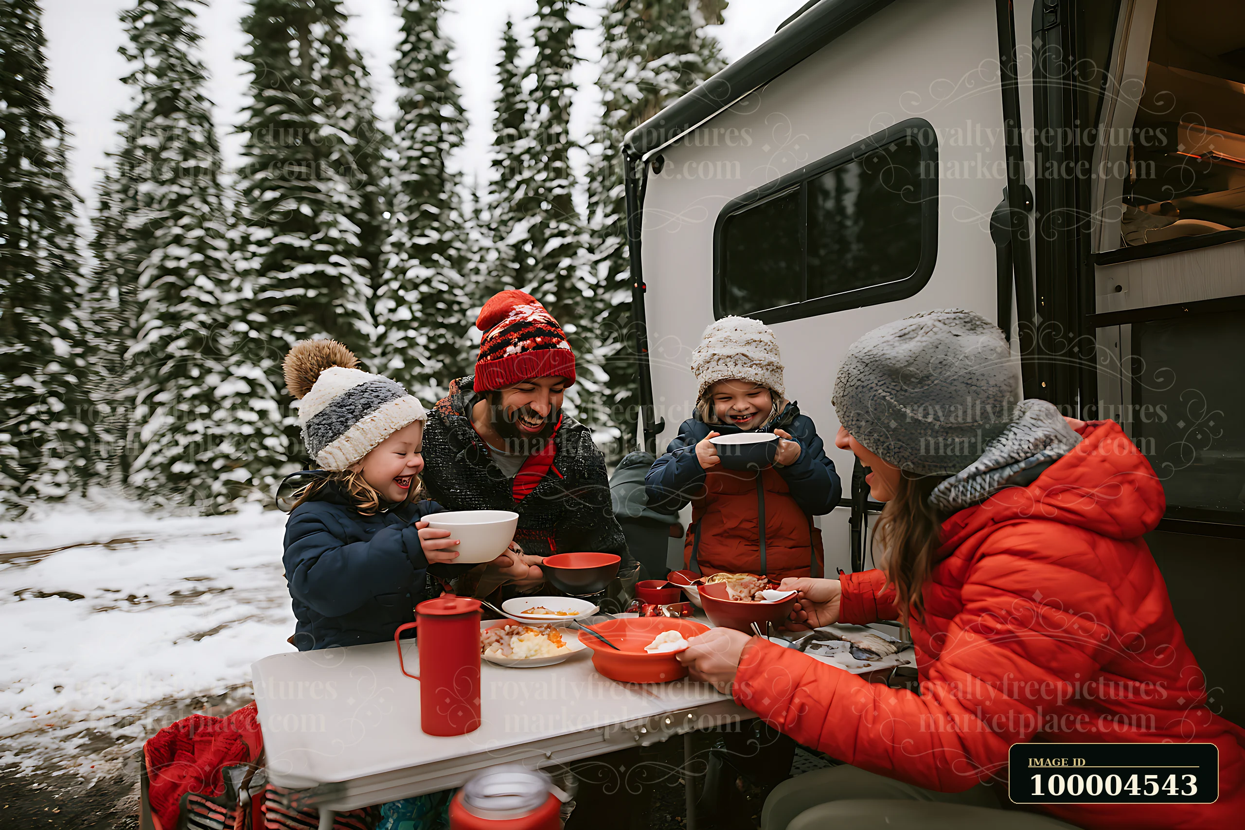 Family members share breakfast at a table beside a camper in a snowy forest.