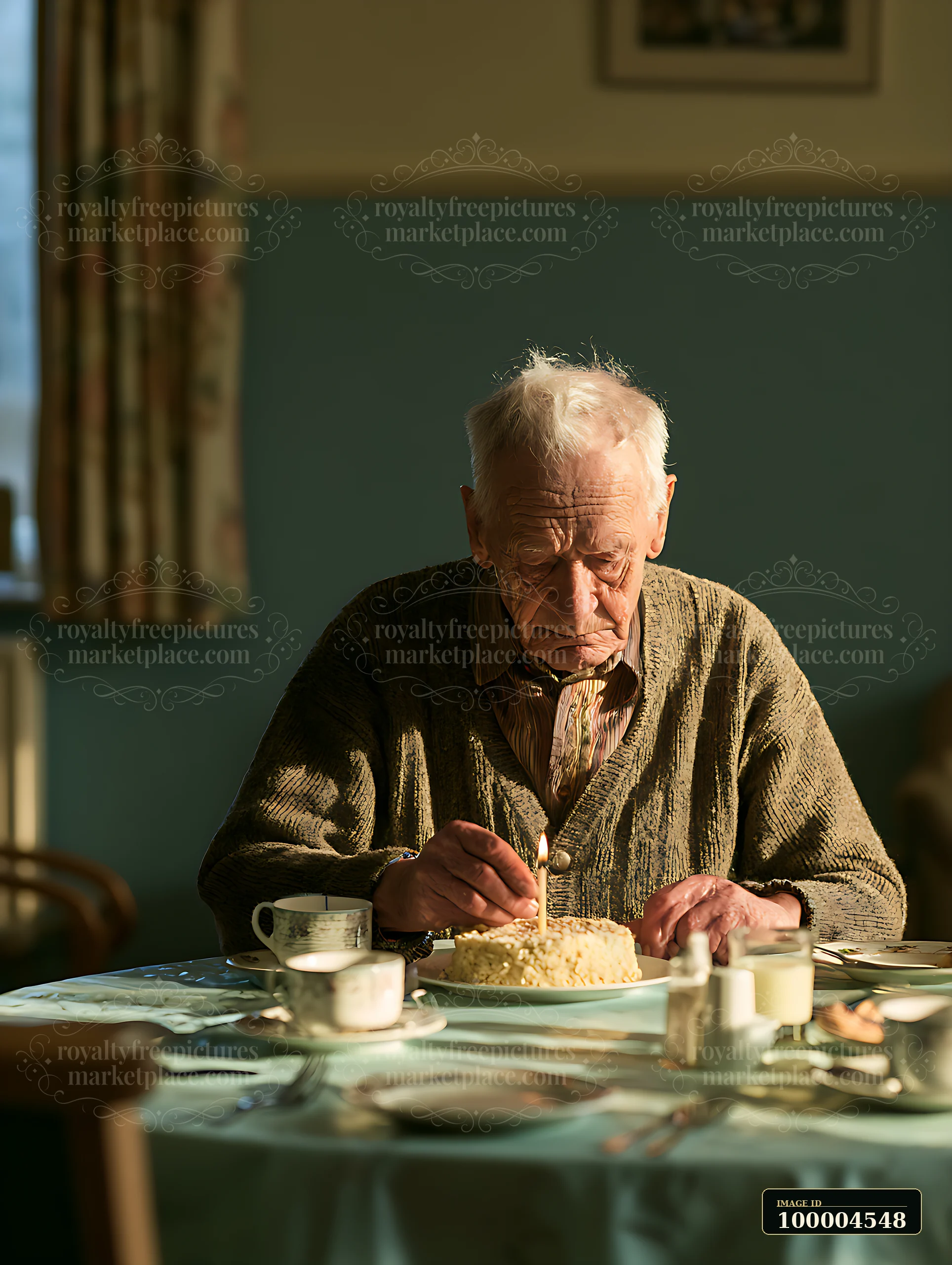 An elderly man sits alone at a table, focused on a birthday cake with a candle in a quiet room.