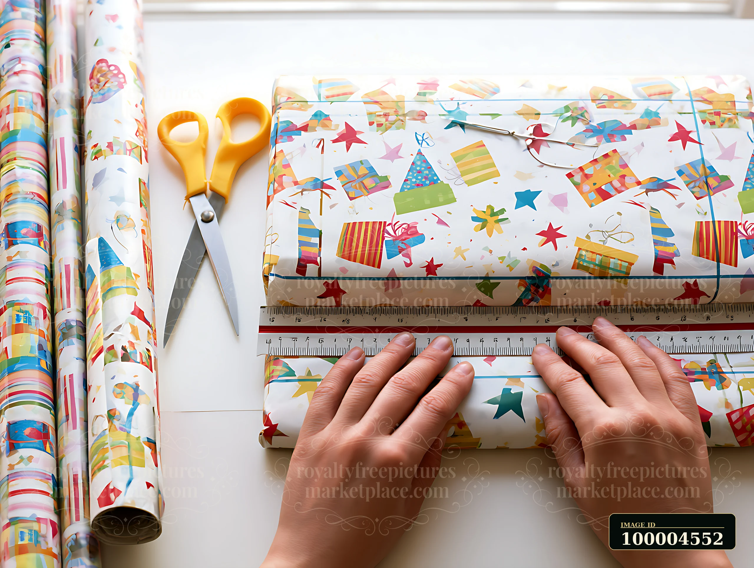 Hands measure colorful birthday wrapping paper with rulers beside yellow scissors and paper rolls.