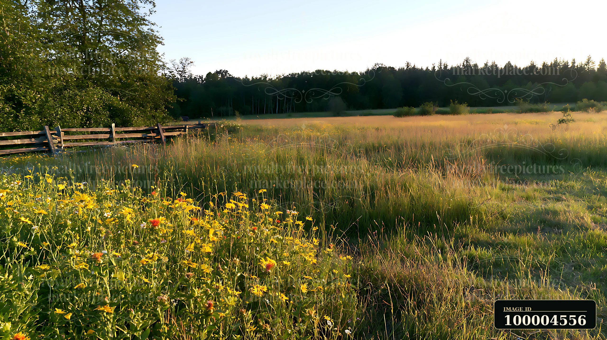 Sunlit wildflower meadow with yellow flowers, tall grasses, a rustic fence, and forest beyond.