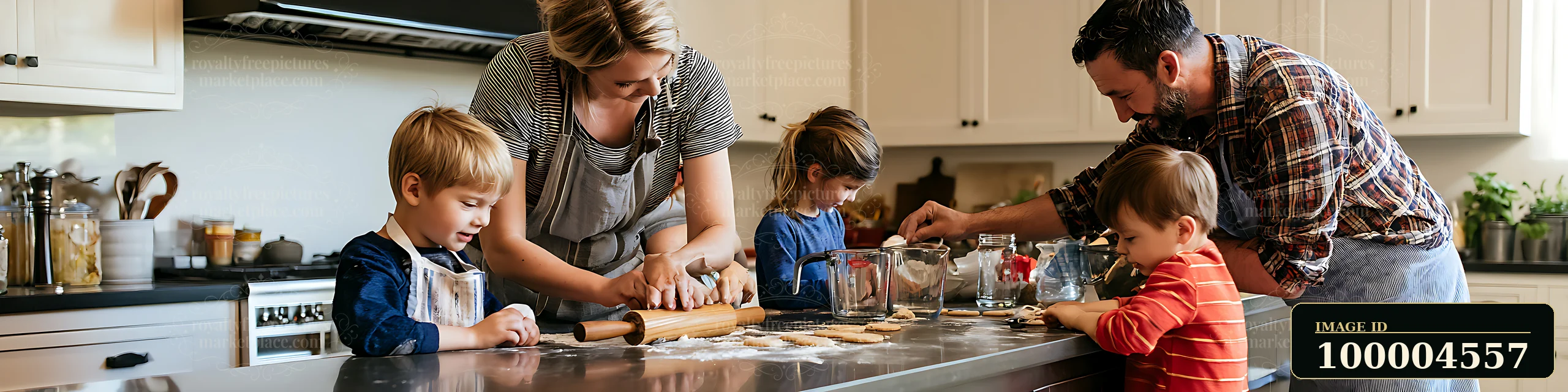 Parents help three children prepare cookie dough at a kitchen island.