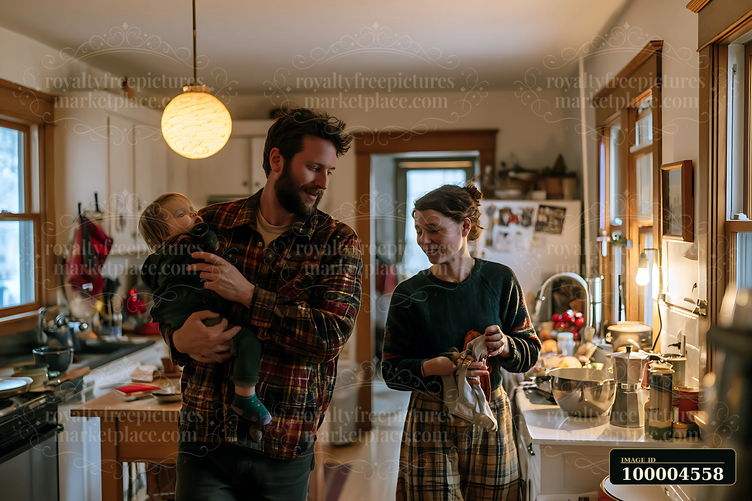 A father carries a sleeping child as a mother prepares food in a warm kitchen.
