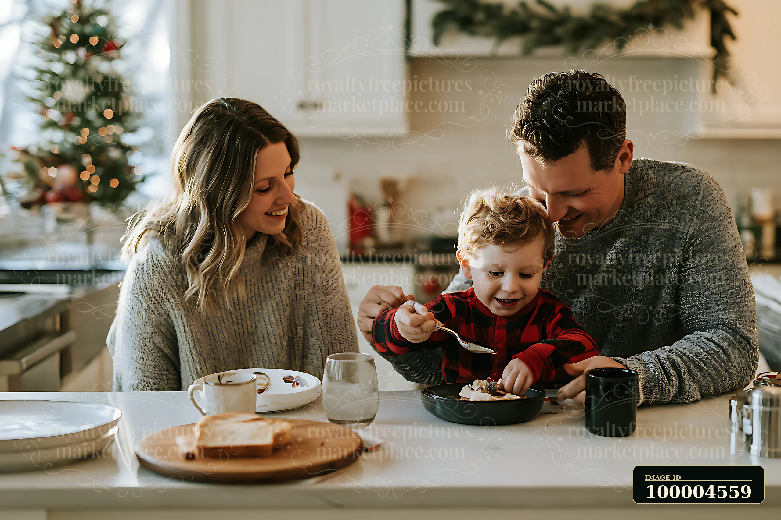 A young family is gathered in a kitchen, sharing breakfast.