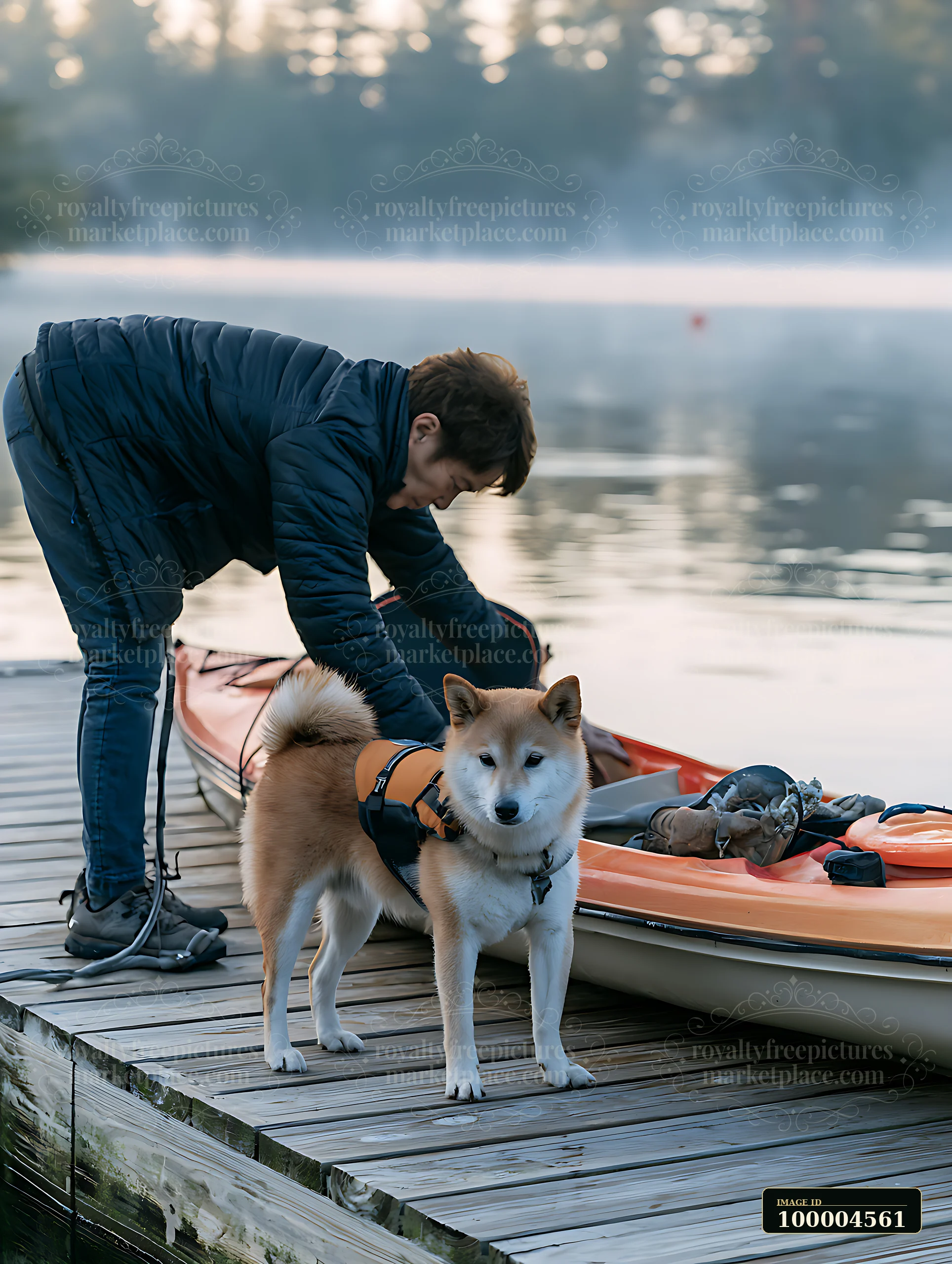 Shiba inu stands beside a kayak on a wooden dock while a person prepares the boat beside a calm lake.