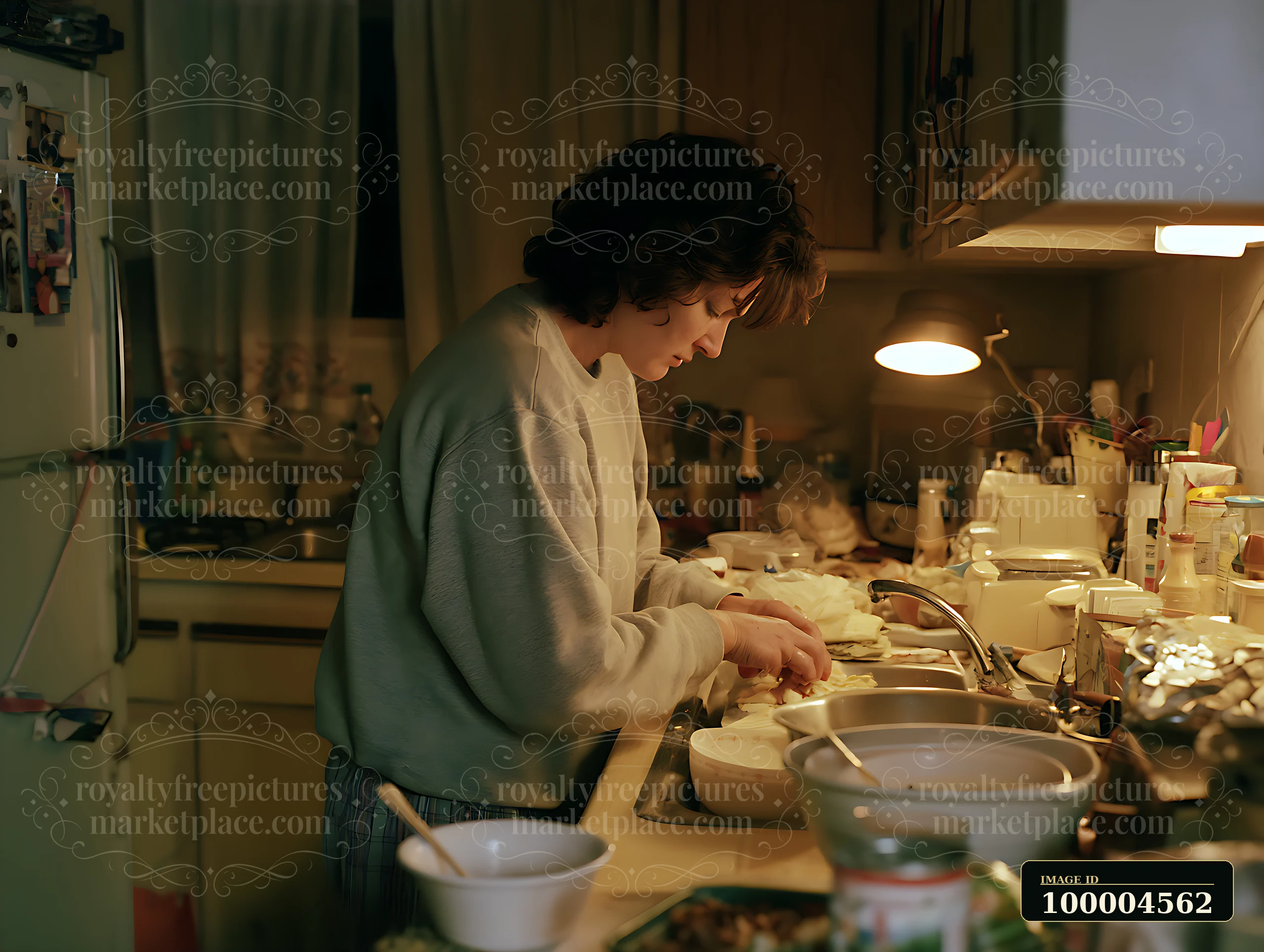 Woman prepares food at a cluttered kitchen counter under warm evening light.