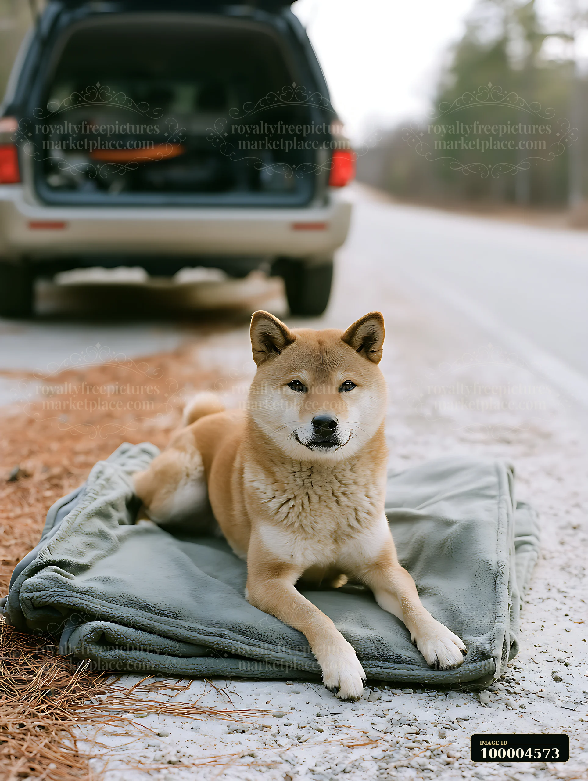 A shiba inu rests on a folded travel blanket near a parked vehicle on a gravel road.