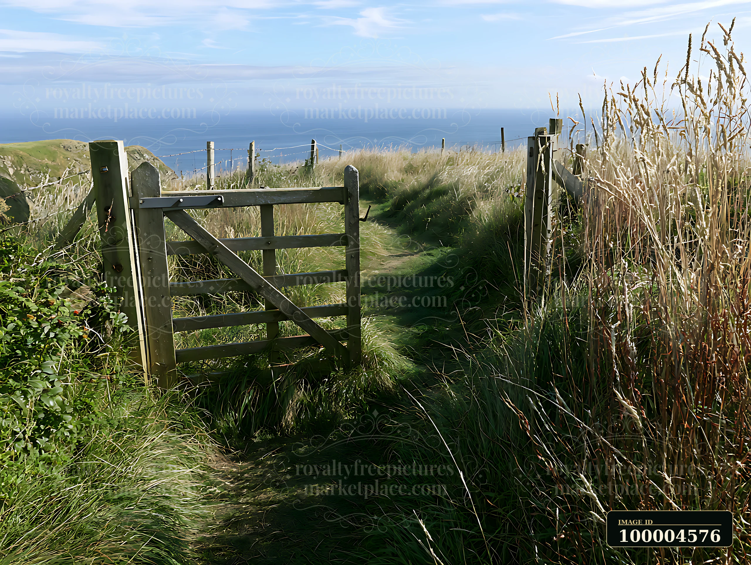 The wooden gate opens to a grassy trail leading to the cliff edge, revealing a view of the ocean.