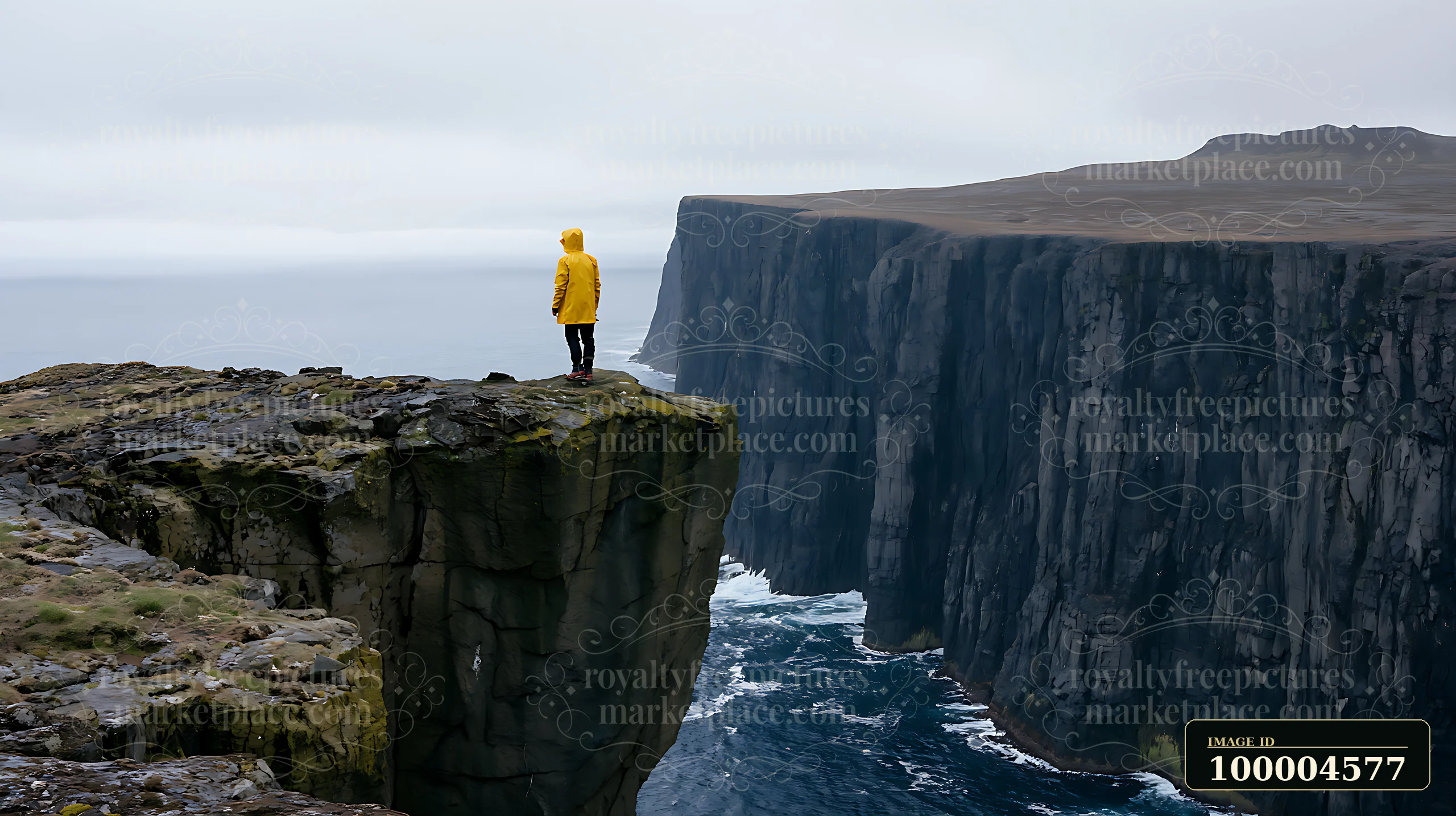 Person in a yellow raincoat stands on a rocky cliff above ocean water between towering sea cliffs.