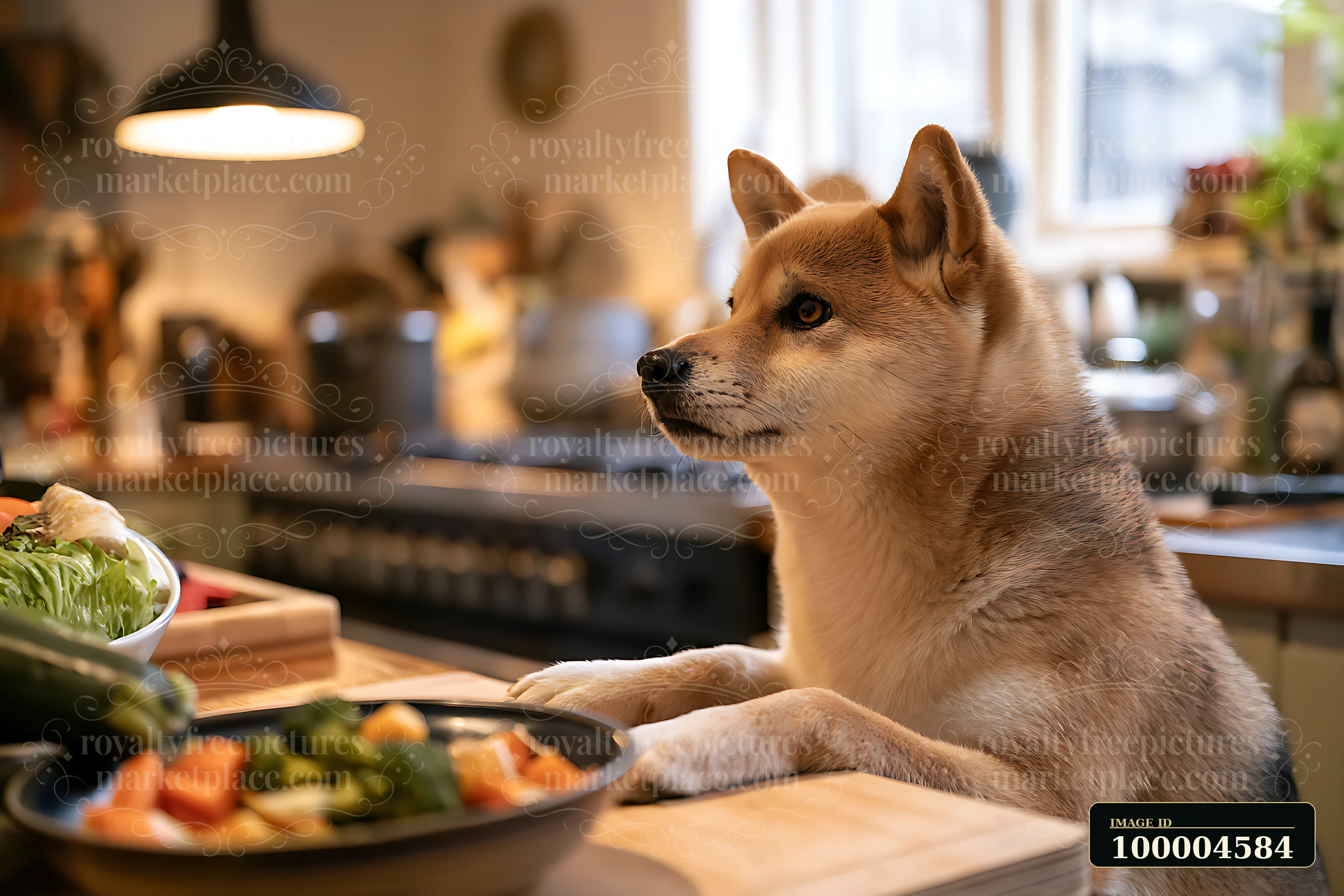 A shiba inu is watching a bowl of fresh vegetables placed on a kitchen counter.