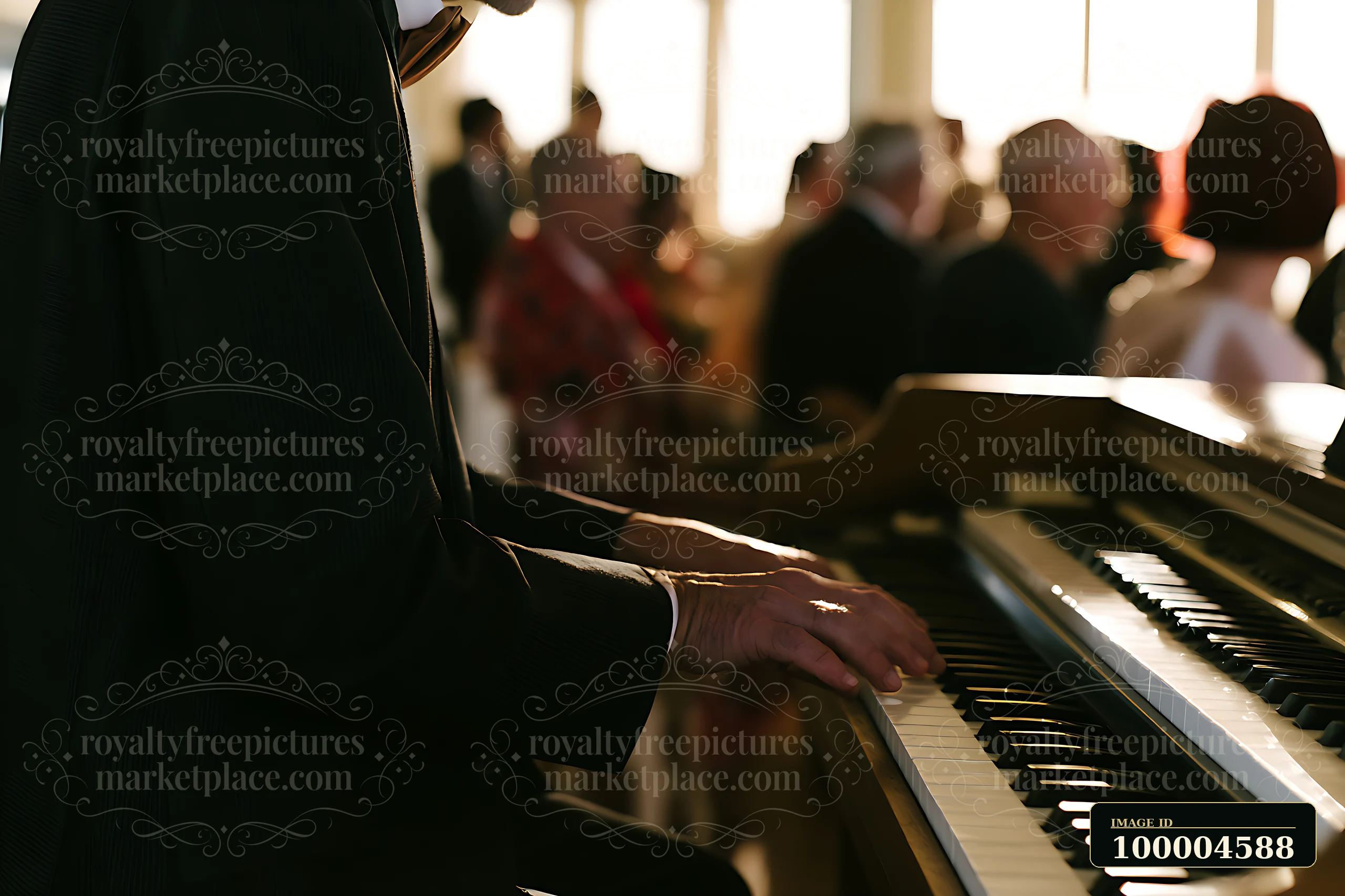 An organist plays music during a wedding ceremony with guests in attendance.