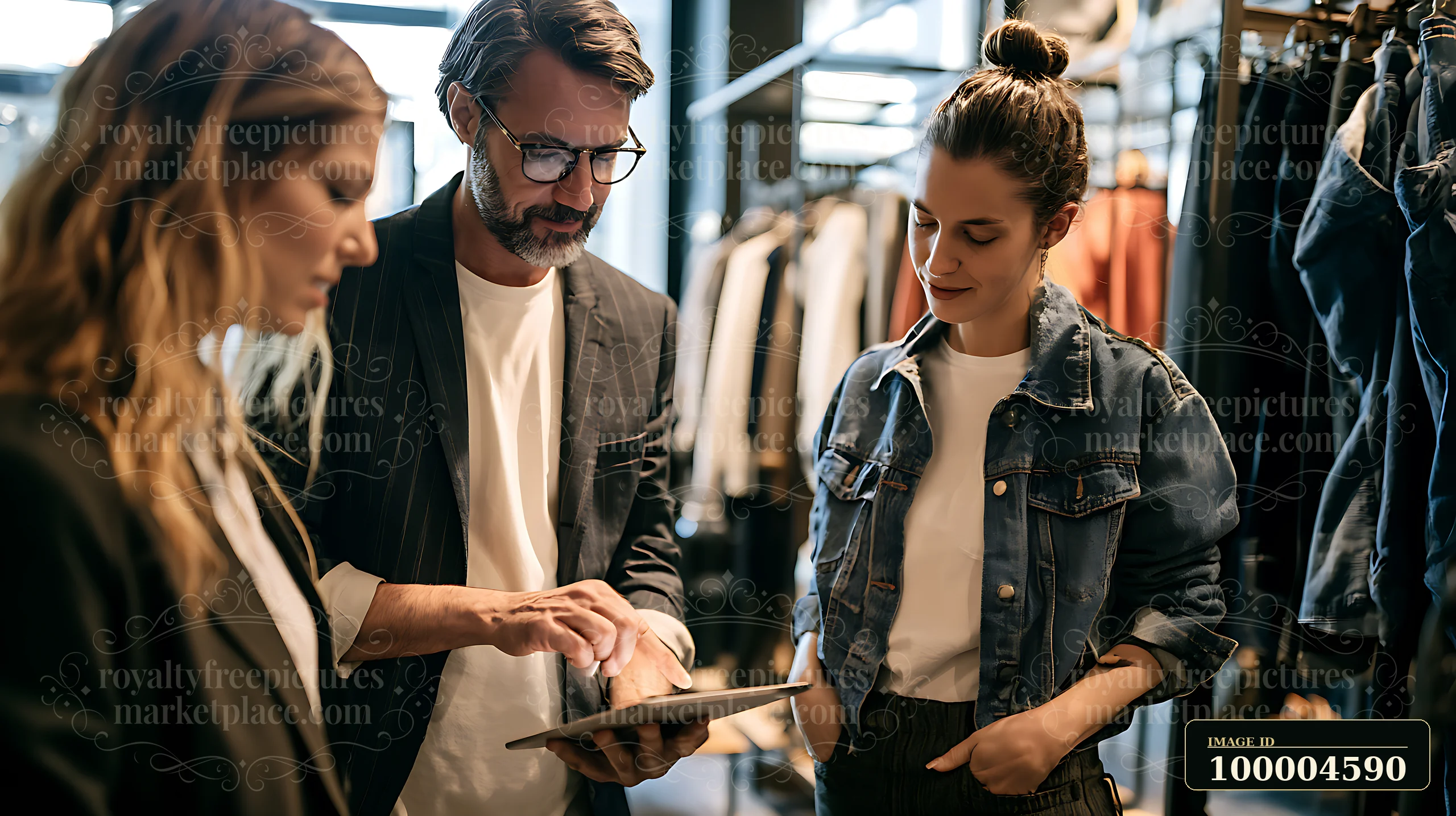 Retail manager consults with two colleagues around a tablet inside a clothing store.