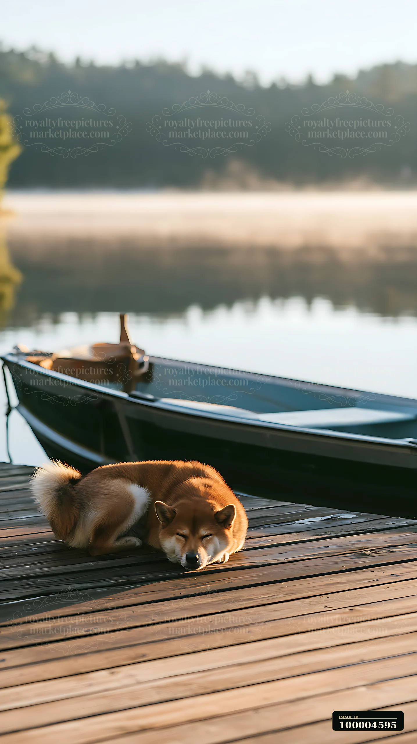 Shiba Inu resting on a wooden dock beside a paddle boat on a calm lake.