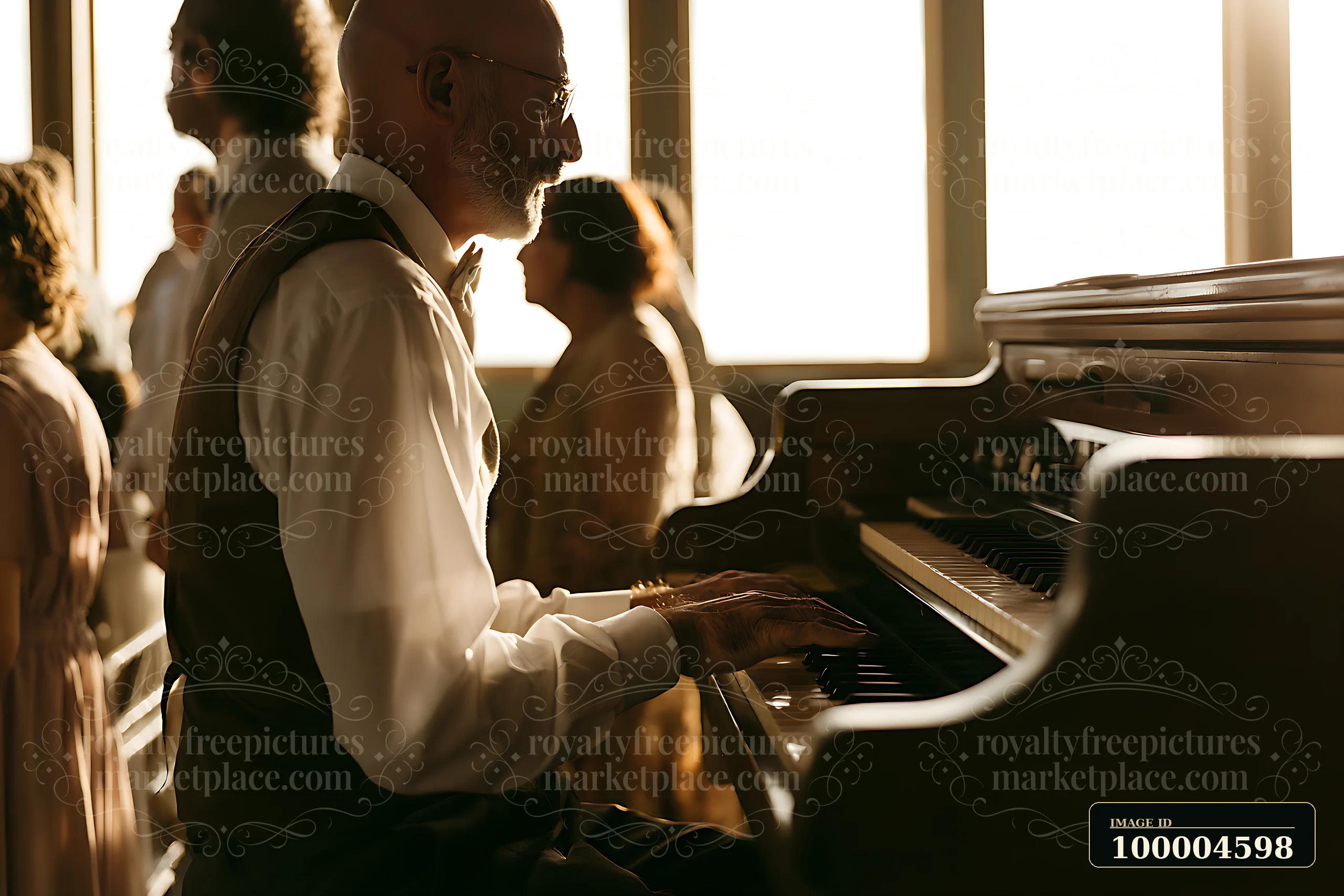 Organist plays a piano during a wedding ceremony while guests gather in a warmly lit interior.