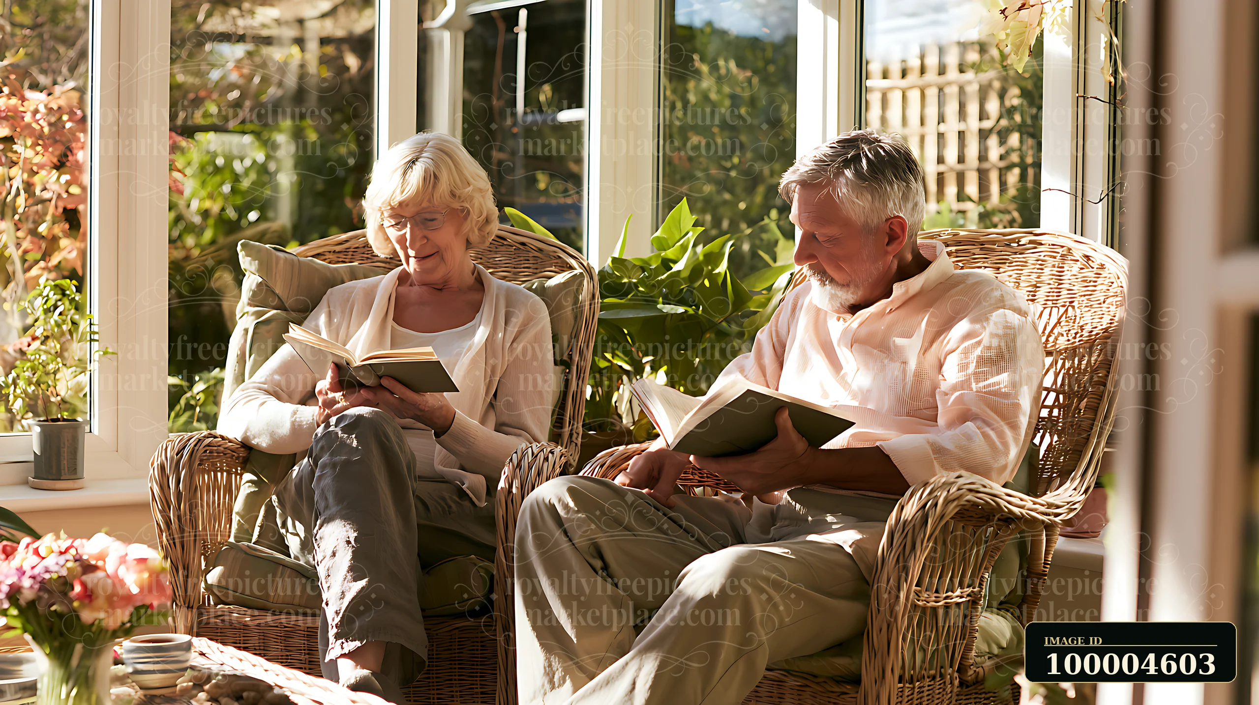 Senior couple sit in wicker chairs reading books together in a bright conservatory surrounded by windows and plants.