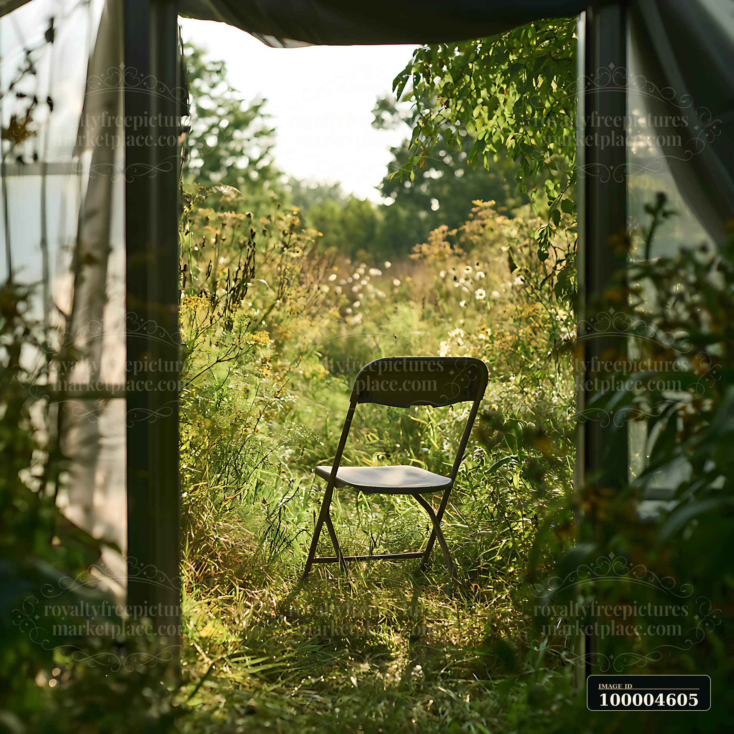 An empty folding chair sits in a doorway, facing a flowering meadow filled with green grass and wildflowers, creating a space for rest and retreat surrounded by