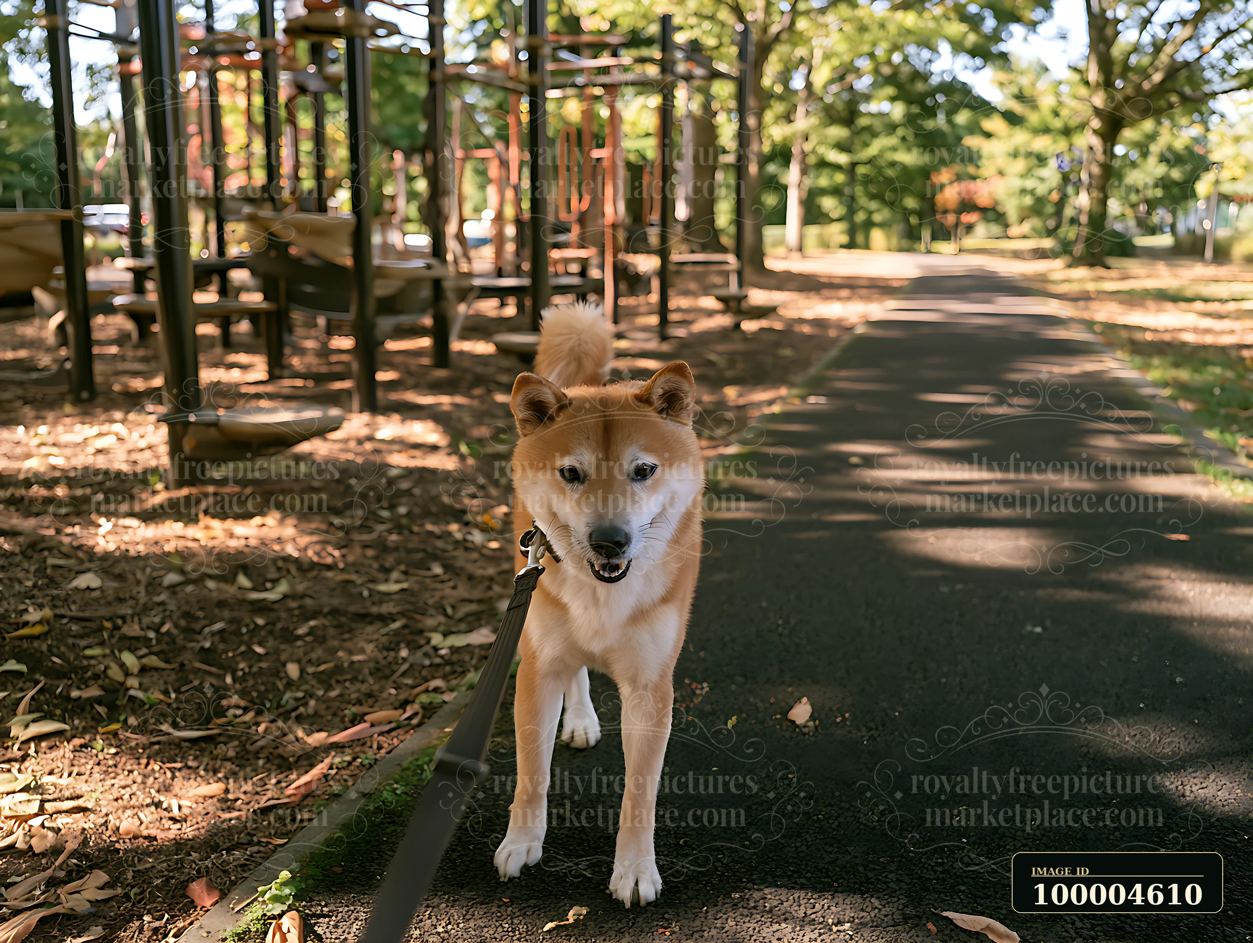A Shiba Inu is walking on a leash along a path beside outdoor exercise equipment in a park.