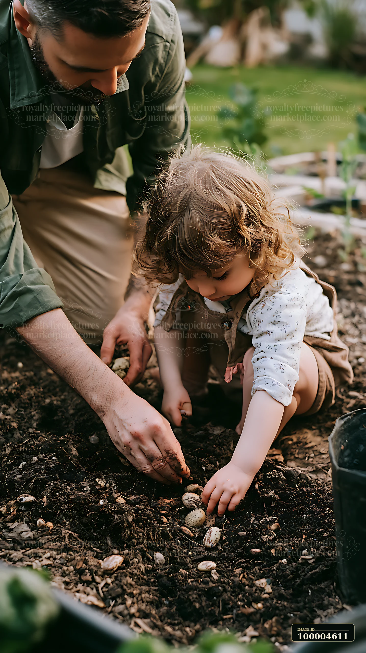 A child kneels in soil while a parent guides the planting of vegetable seeds in a garden.