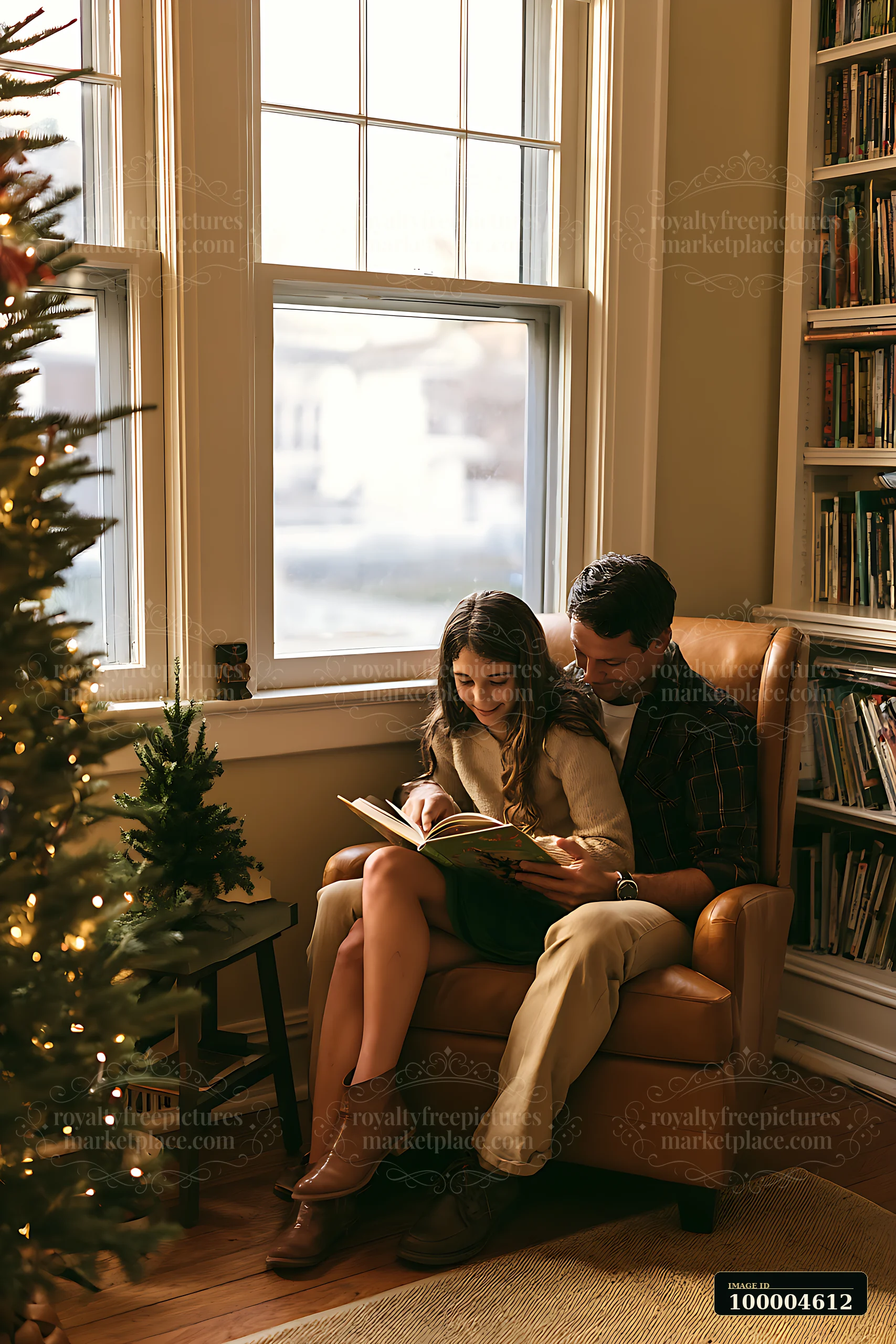 Father and daughter read a Christmas story together beside a lit tree in a cozy living room.