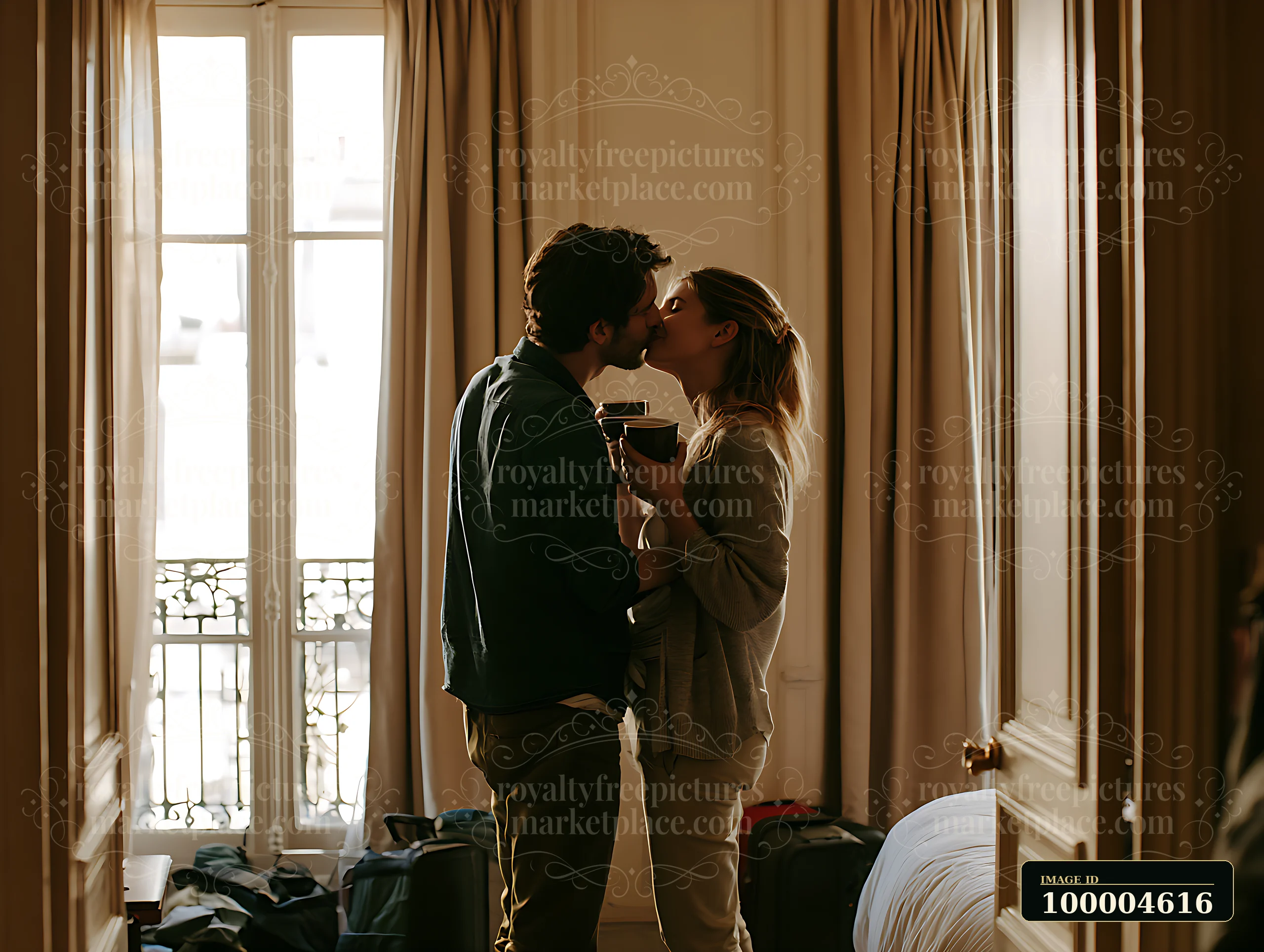 A couple kisses while holding coffee cups in a warmly lit bedroom beside tall windows and luggage.