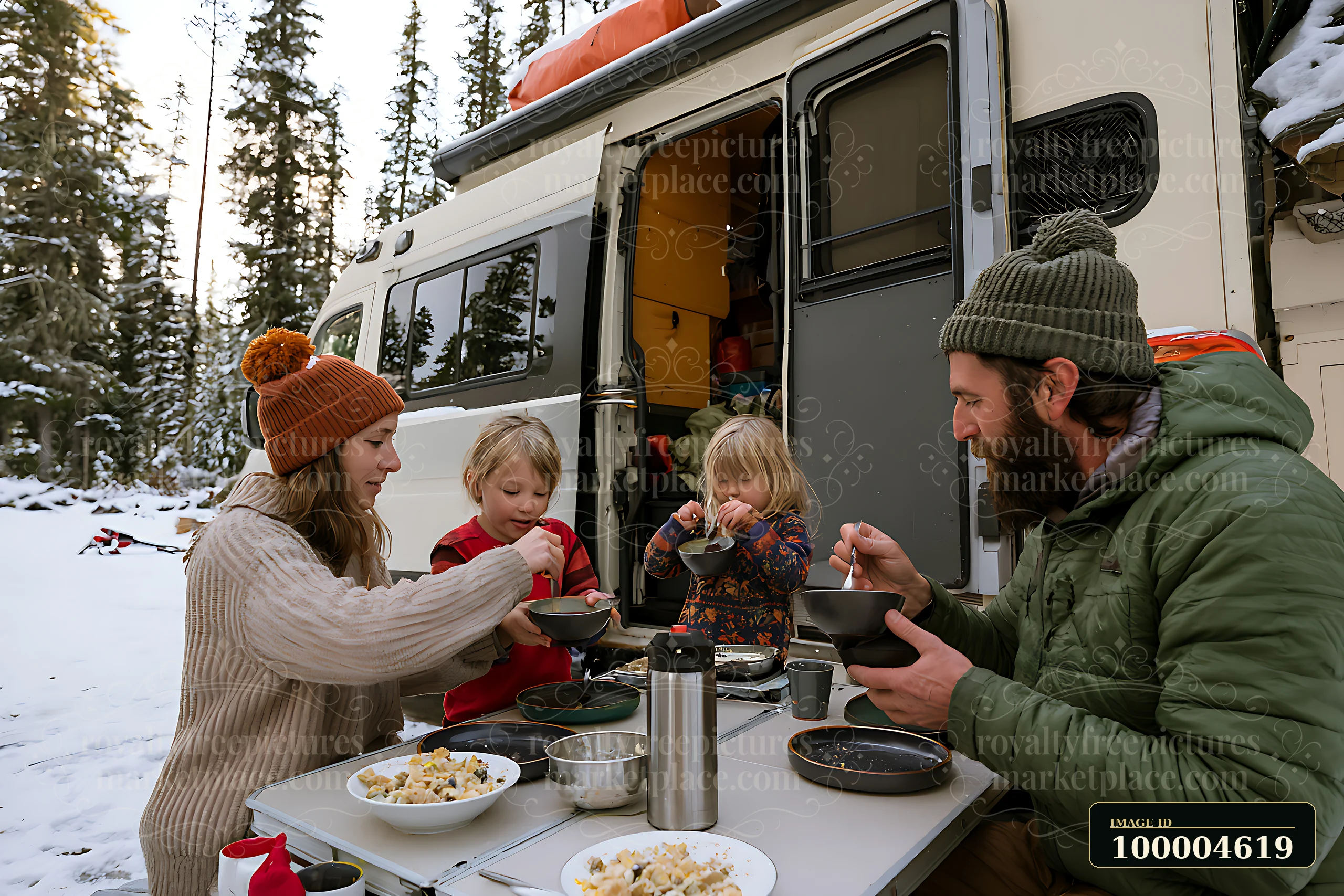 A family eating Christmas breakfast at a table outside their camper in a snowy forest.