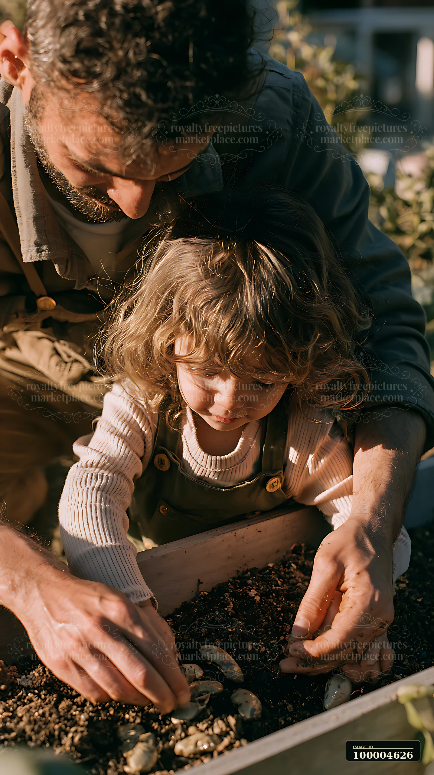 Parents help a child place vegetable seeds in a garden box.