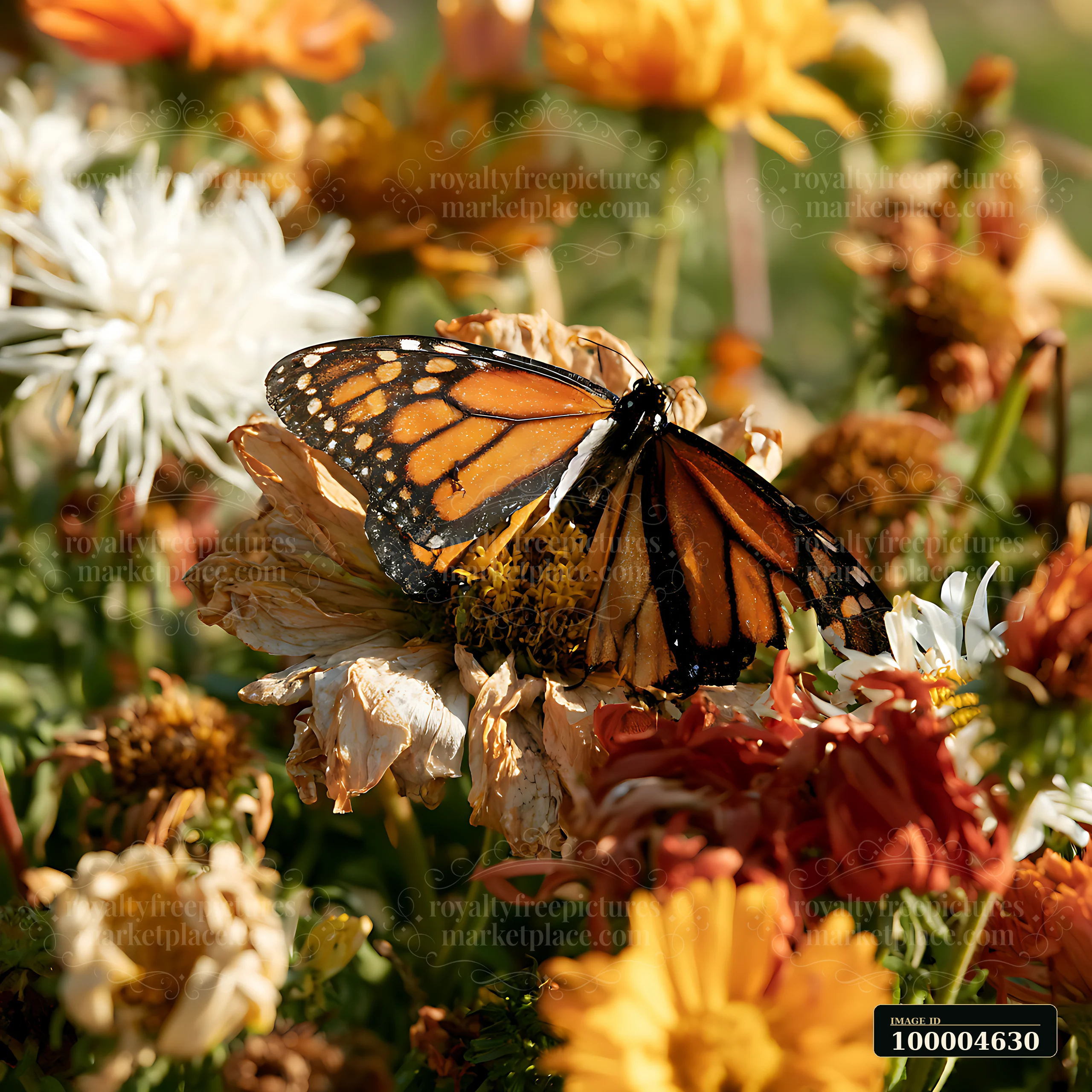 A butterfly rests on wilted flowers in a garden filled with vibrant colors and various flower types.