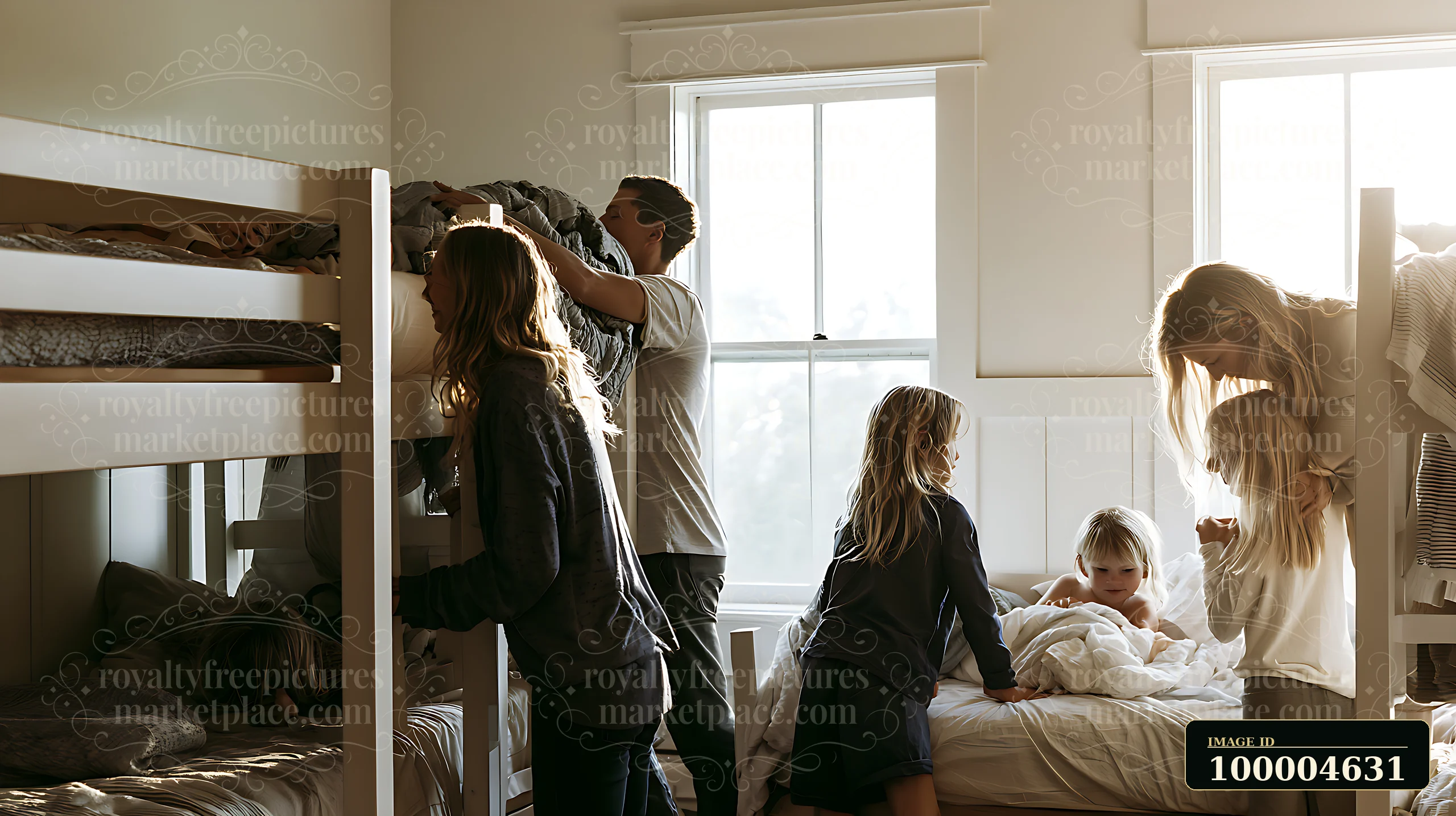 Blonde parents tuck children into bed in a bright shared bedroom with bunk beds and warm sunlight.