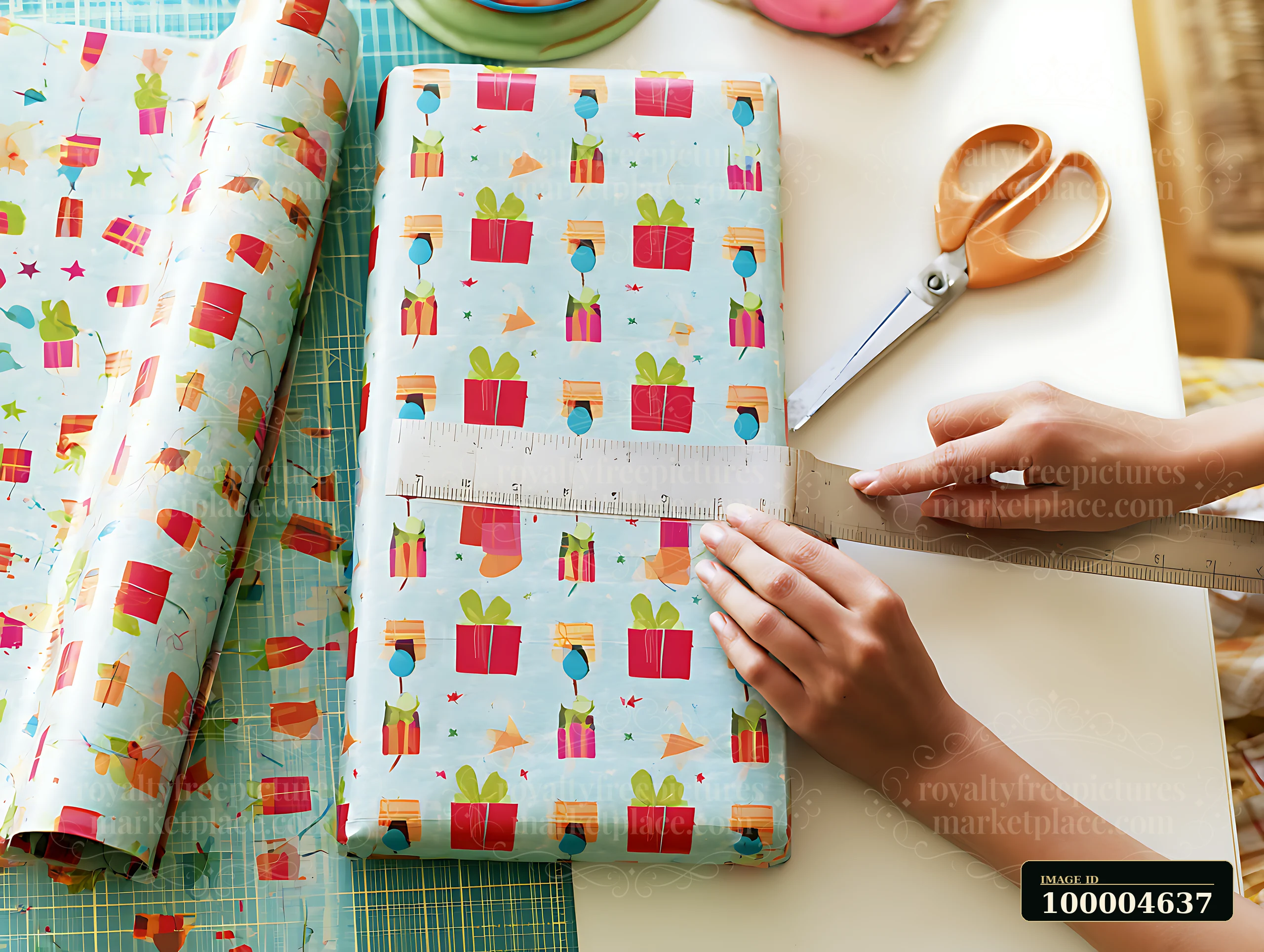 Hands measure colorful birthday wrapping paper with a ruler beside scissors on a tabletop.