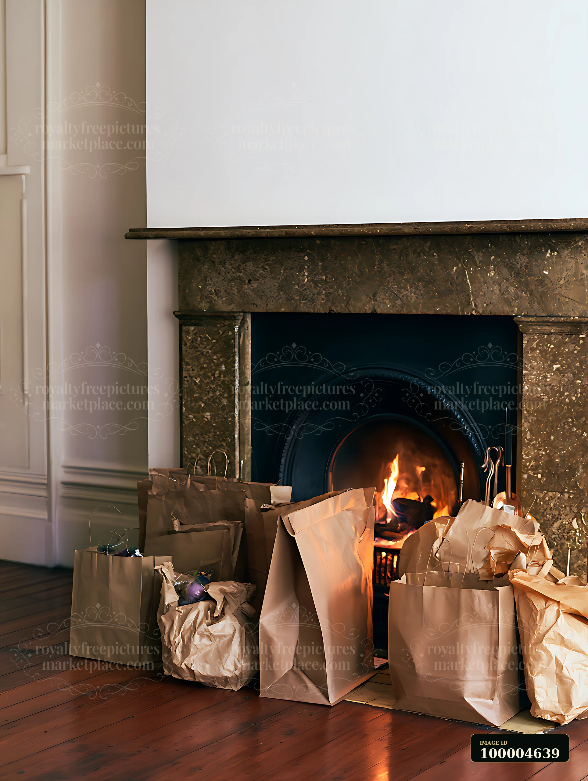 Brown shopping bags are placed beside a fireplace with a visible flame.
