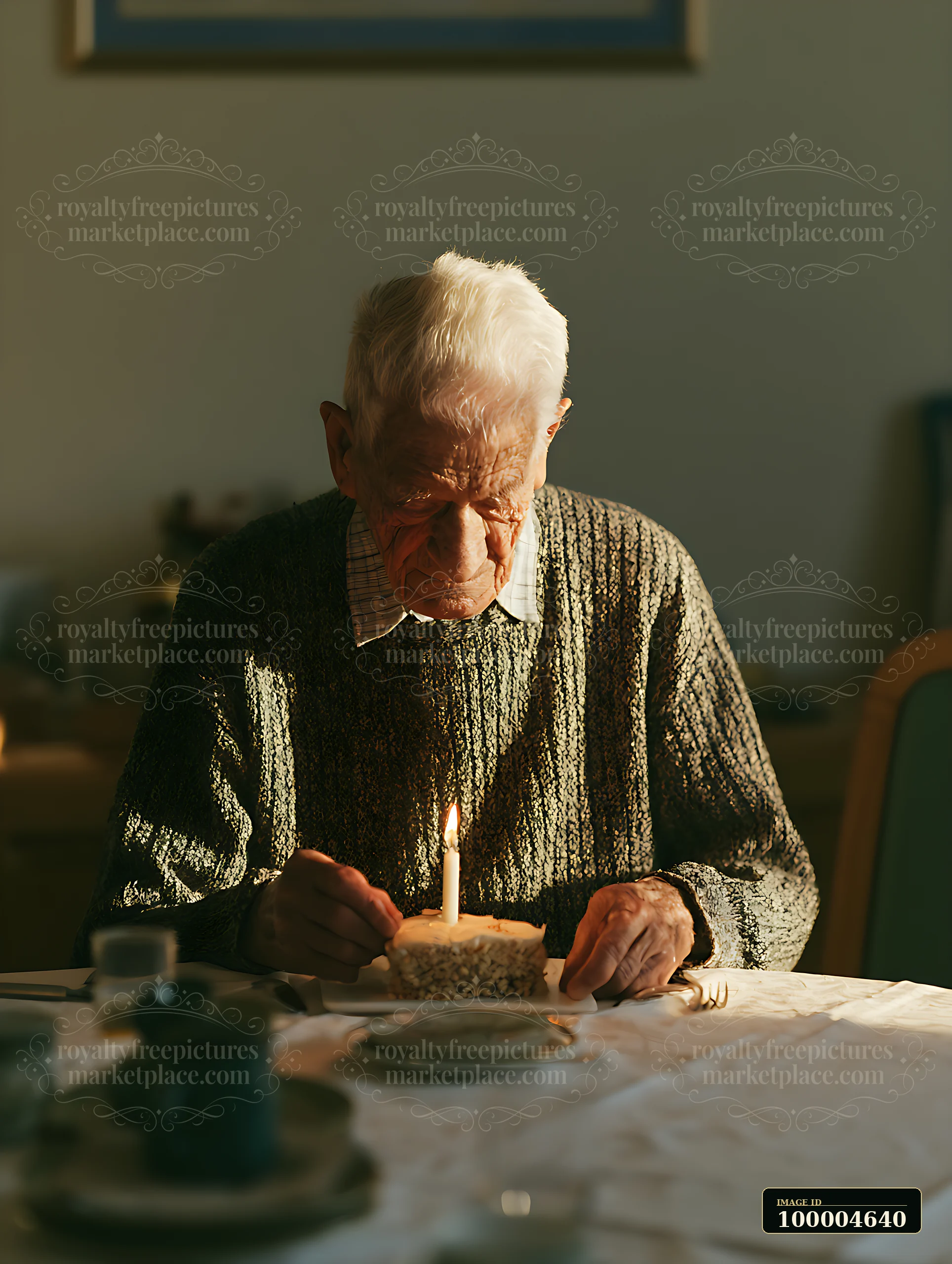Older man bows his head beside a small birthday cake with a lit candle at a dining table.