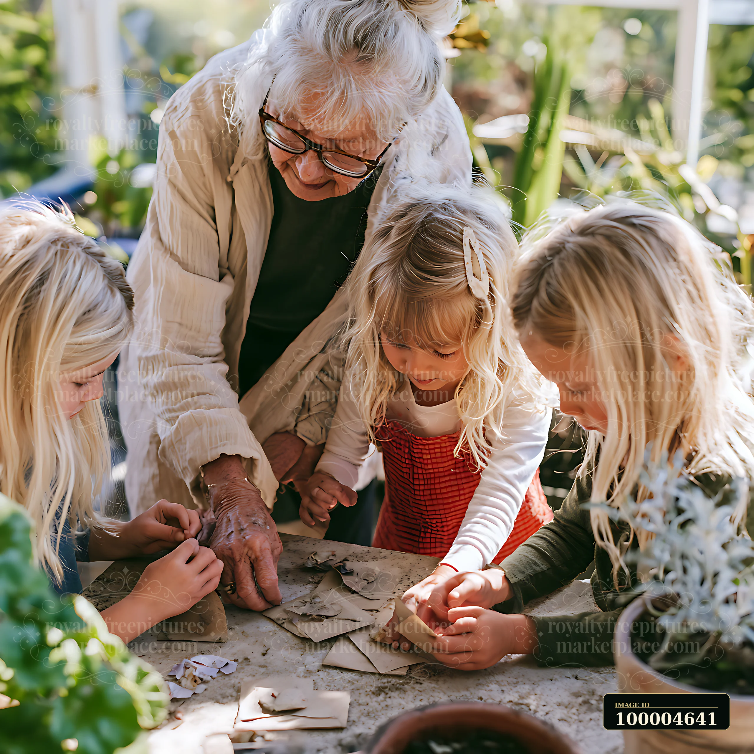 Two blonde children are working with an elderly neighbor in a garden.
