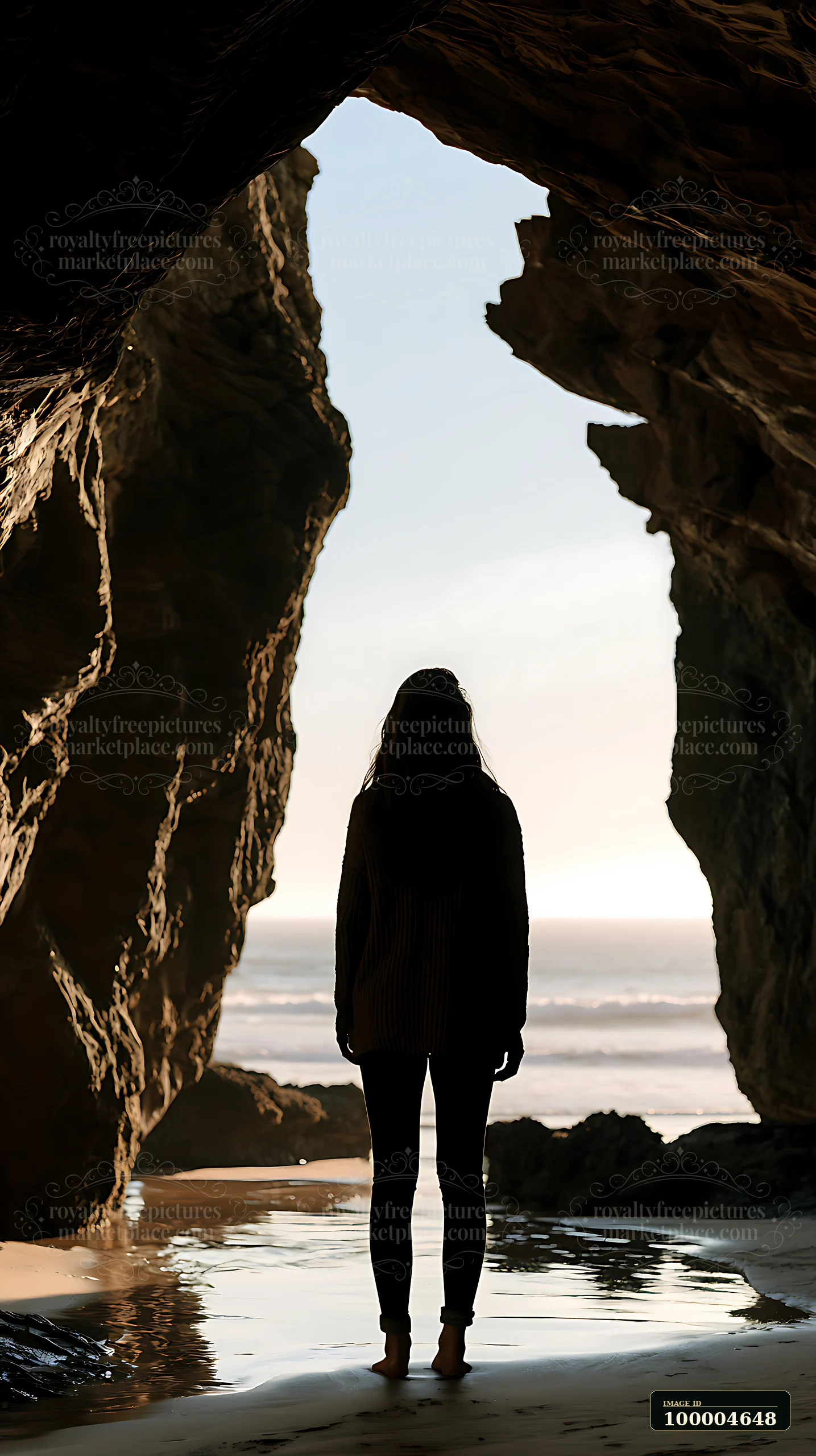 Silhouetted person standing in shallow water inside a coastal cave, facing the ocean.